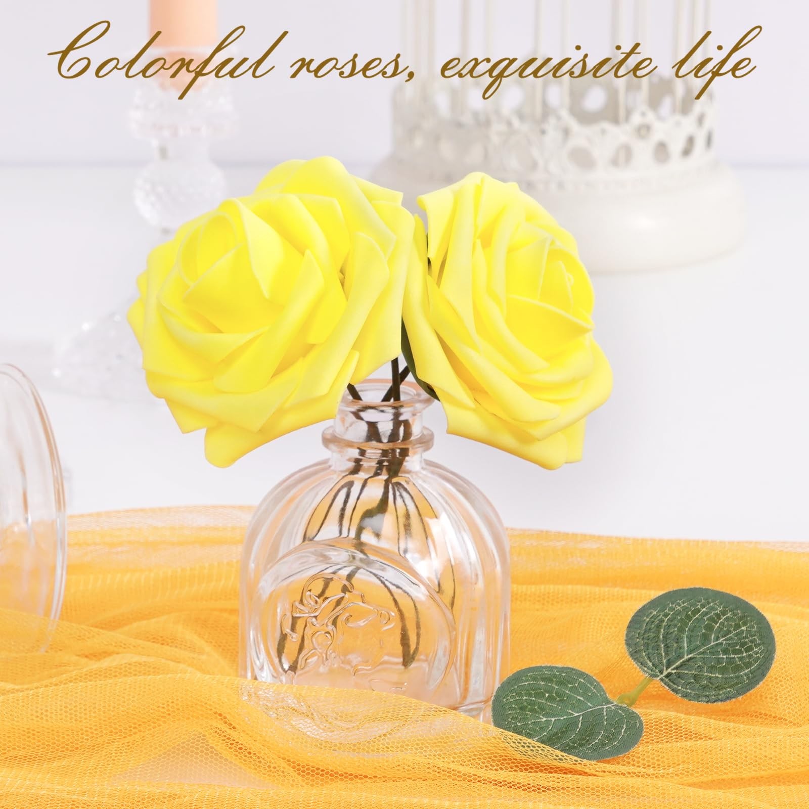 16Pcs Artificial Flowers Fake Roses with Stems, Yellow Boxed Foam Roses for D…