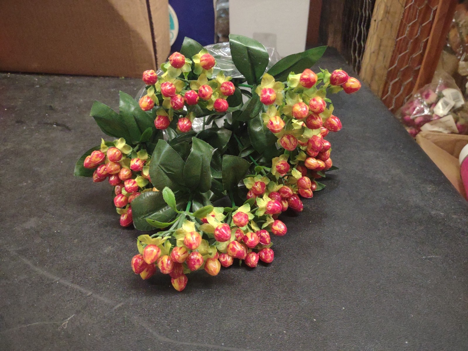 15″ Retro Hypericum Berry Bush, Red Rust Brown, Plastic Berries Silk Leaves