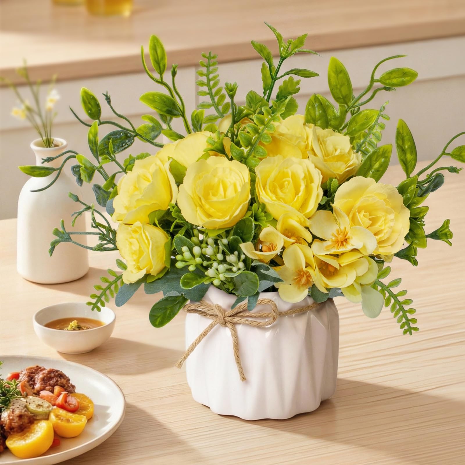 Yellow Artificial Silk Roses with Ceramic Vase, No Maintenance Faux Flower Ar…
