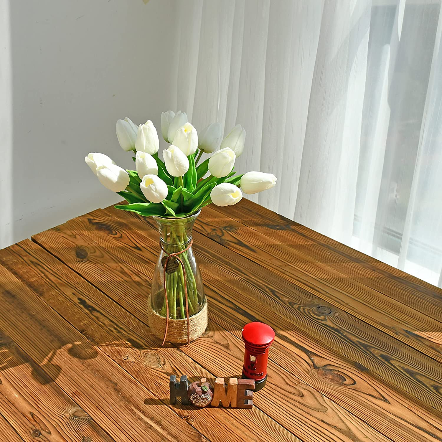 Artificial White Tulips 20 Pcs – 13.5 Inch PU Faux Flowers with Bendable Stems f