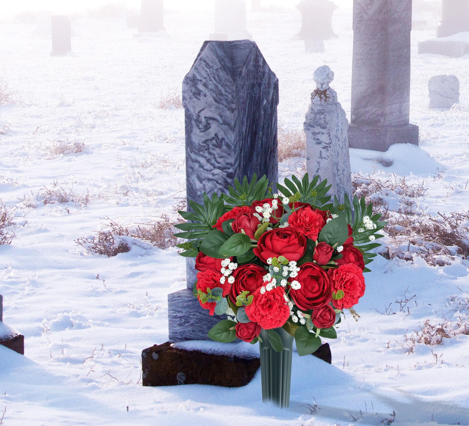 Artificial Cemetery Flowers with Vase for Grave Decorations,Rose Camellia Car…