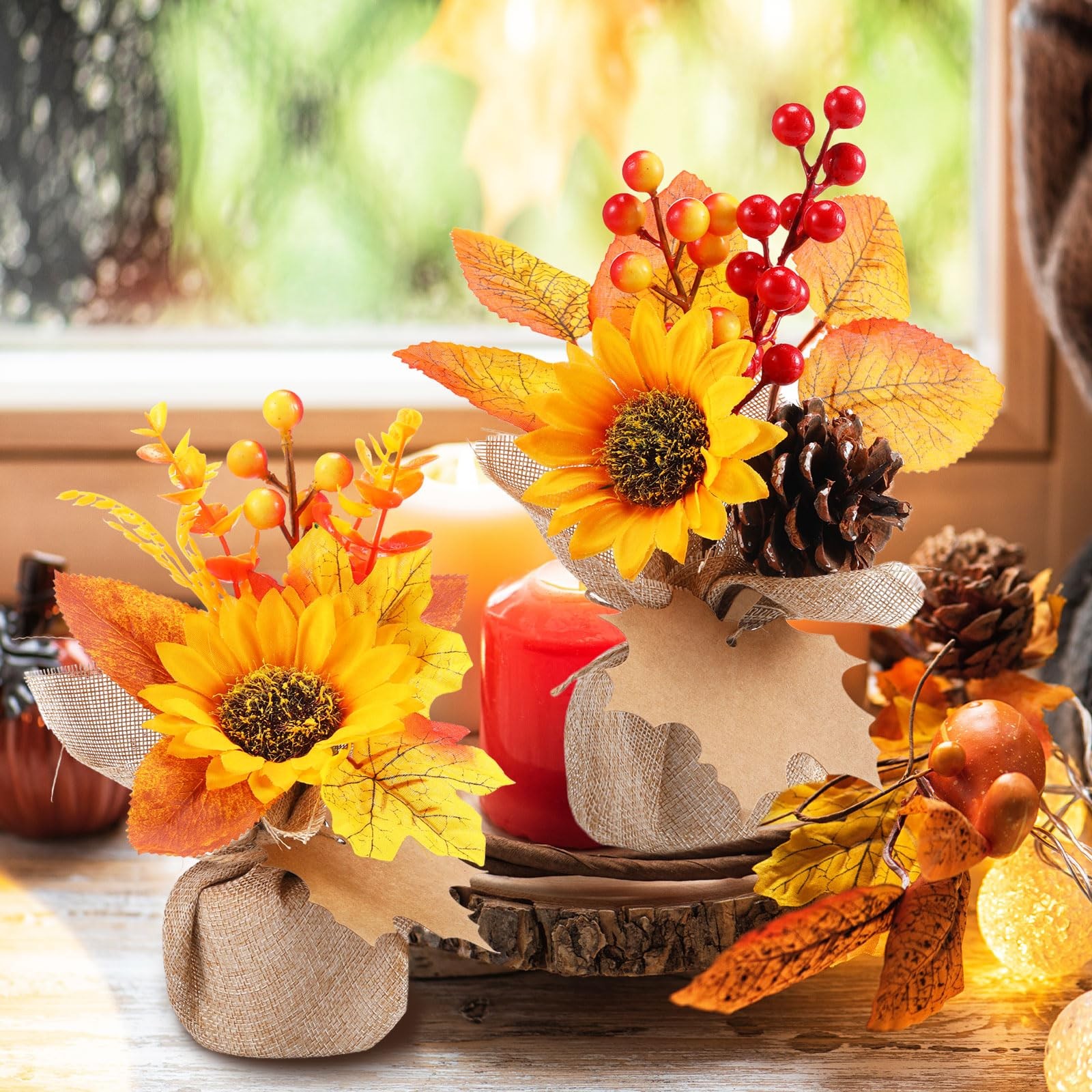 4 PCS Fake Thanksgiving Fall Potted Plant Pumpkin Sunflower Maple Decor