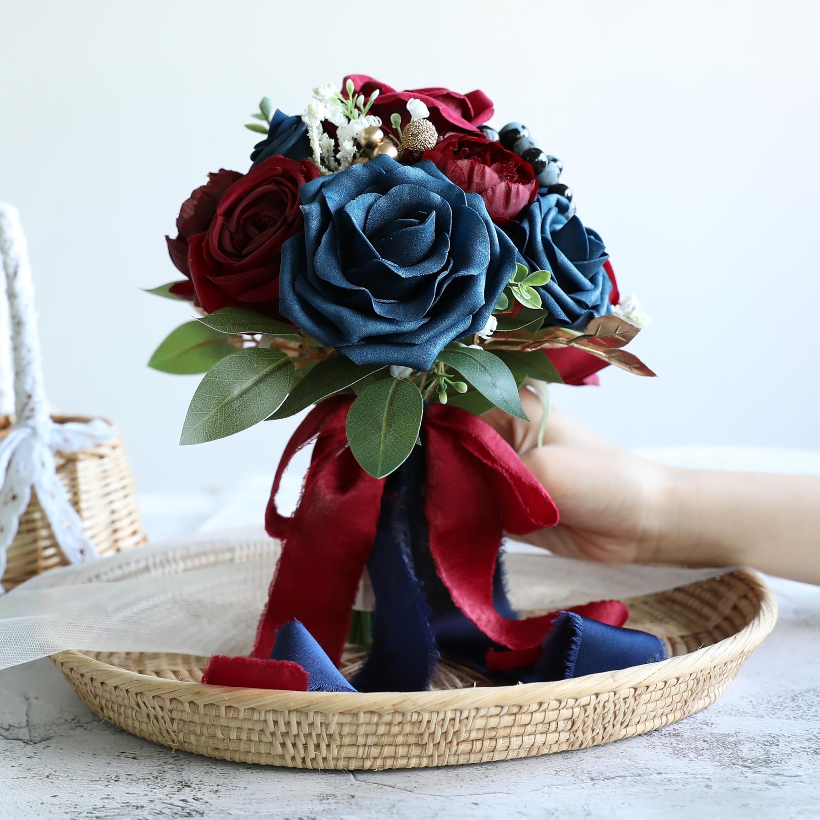 Navy Blue Burgundy Wedding Bouquets Bride Bridesmaid Artificial Roses