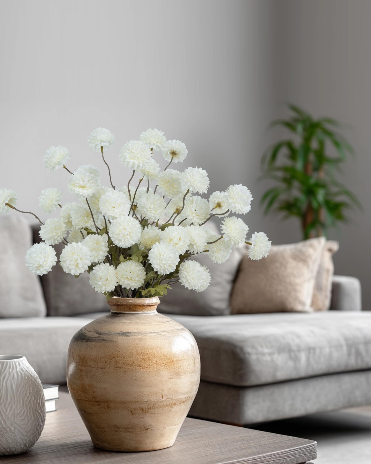 6 PCS Artificial Flowers Faux Silk Pompon Mum Kiku White Ivory Bouquets Vase