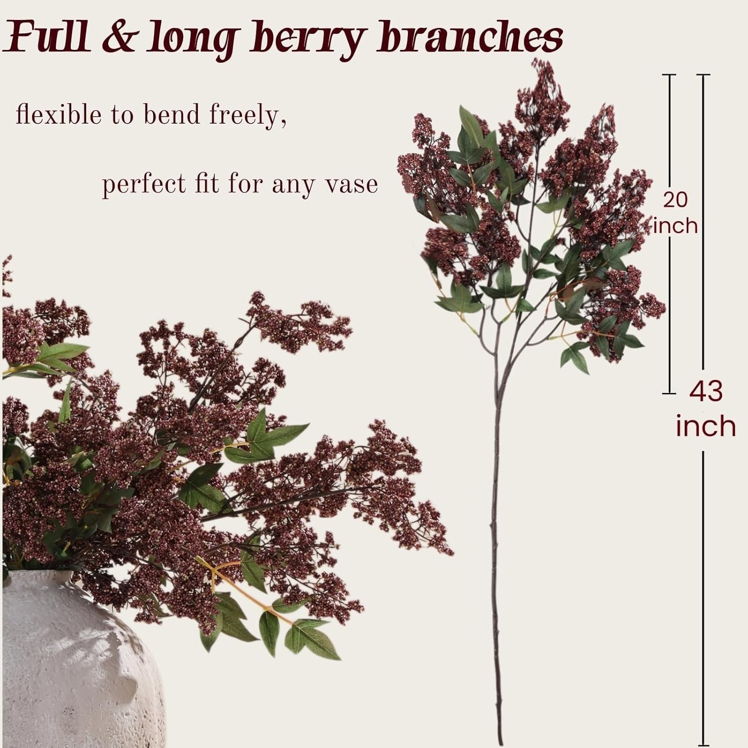 43″ Faux Berry Stems Artificial Branches for Vase Realistic Fake Flower Picks…