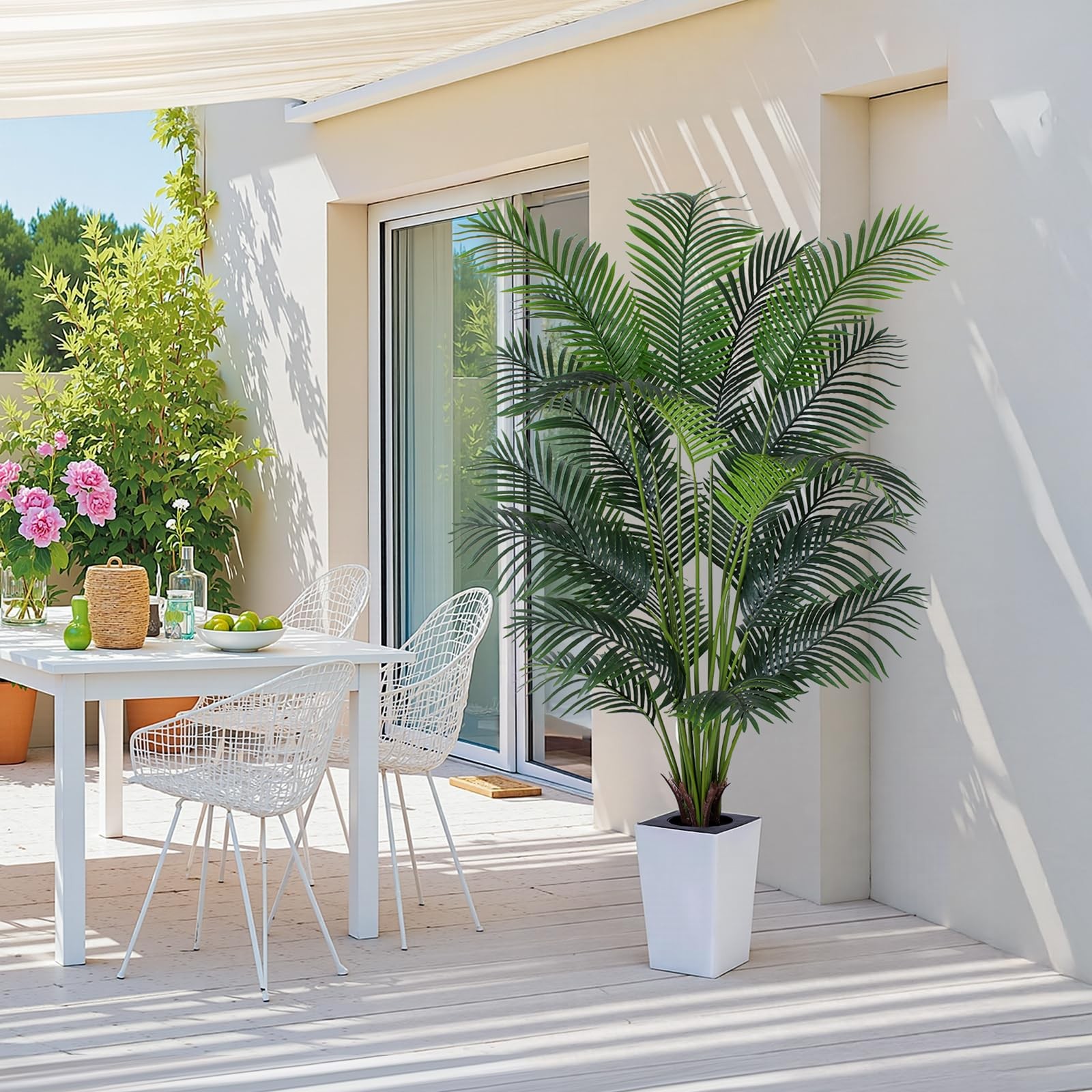 Artificial Palm Tree with White Tall Planter, 7ft Tall Potted Artificial Silk…