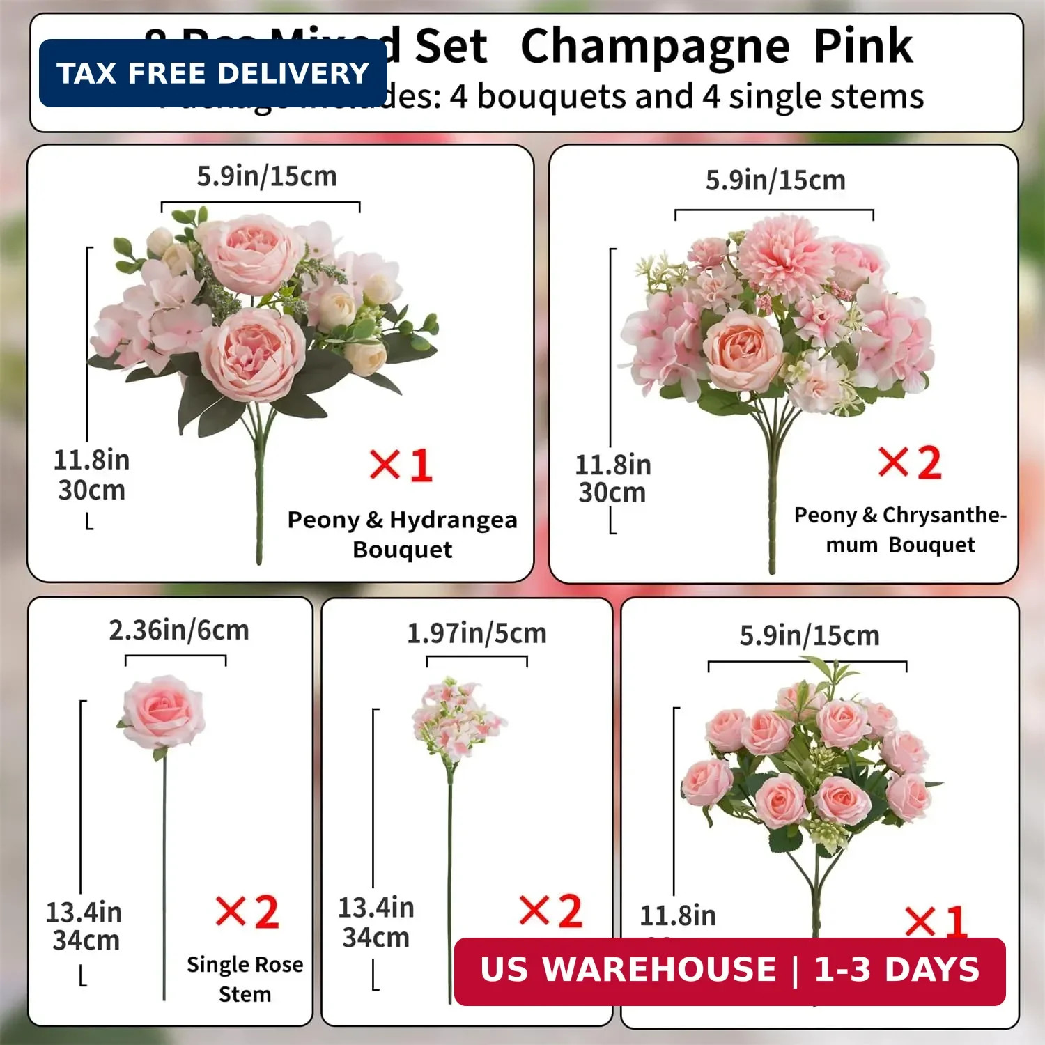 8 Pcs Mixed Artificial Peony Flowers Set-4 Bouquets & 4 Stems, Pink Fake Peony R