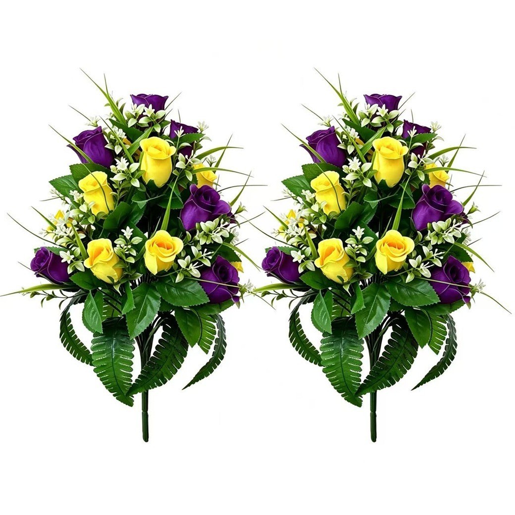 2 Pack Silk Bouquets Purple Yellow Green 43cm for Memorial Home Decor