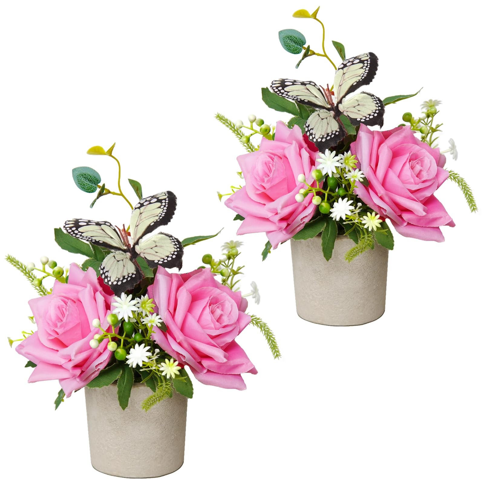 2 Pack Small Artificial Plants in Pots Rose Decor Fake Flowers in Pot Decorat…