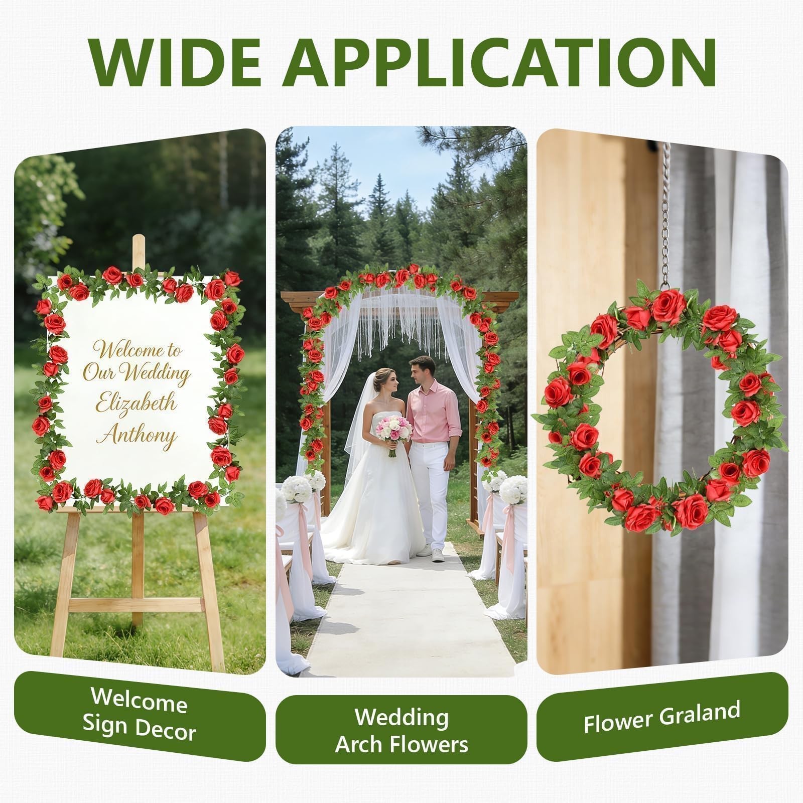 2Pcs 14.5FT Artificial Flower Garland with 10 Roses, Fake Silk Rose Hanging F…