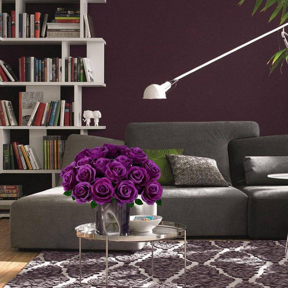 17.7 In. 20-Piece Purple Indoor Artificial Roses Silk Flowers for Valentines Wed