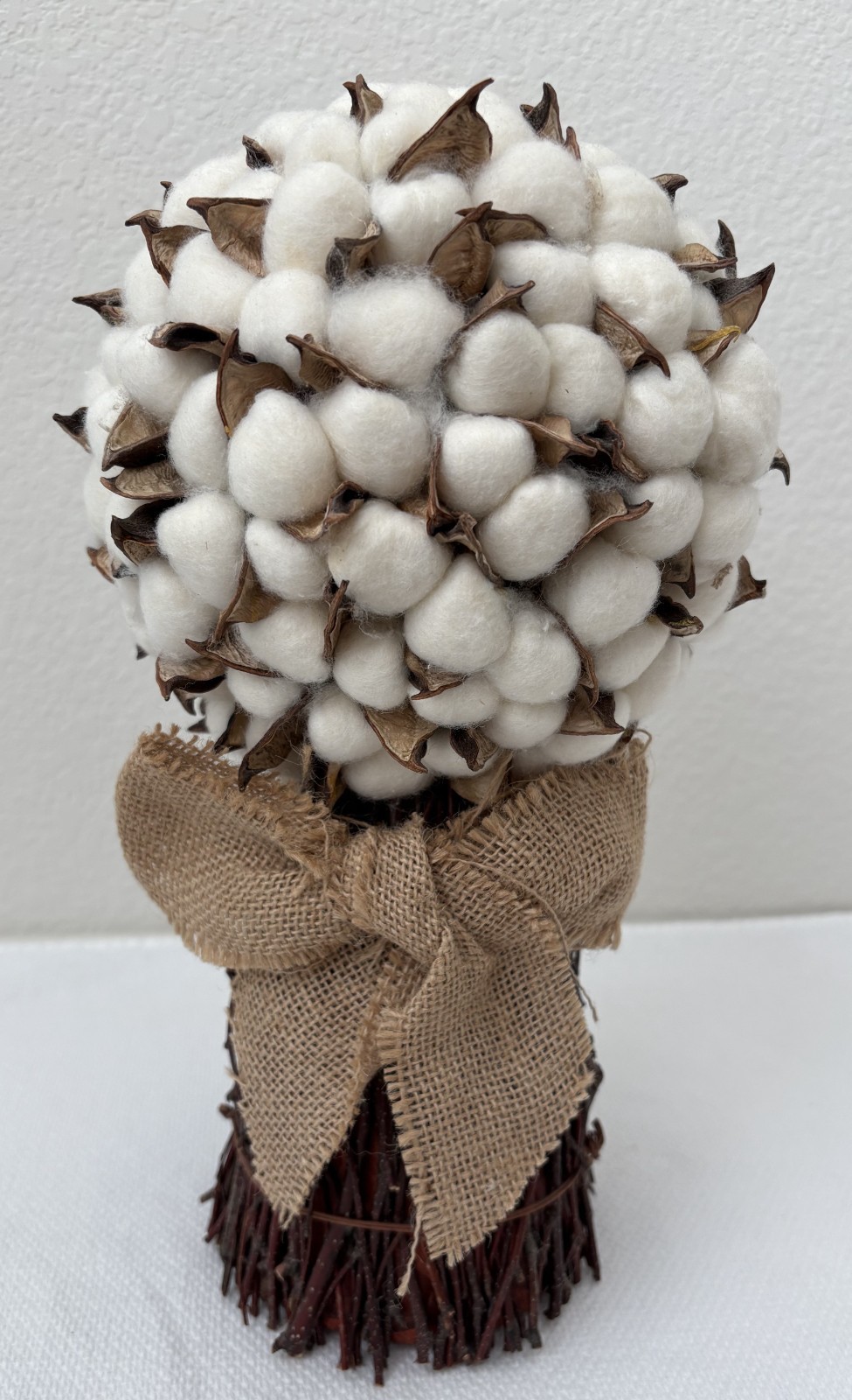 Cotton Stalk Bouquet Combined with Burlap Ribbon, Home Decor 13″x7″ (5″ at base)