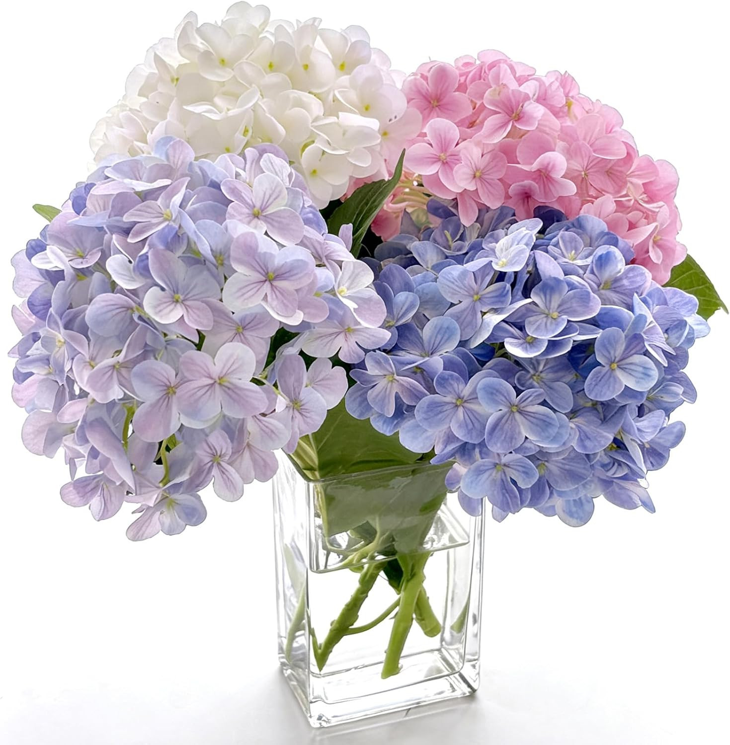 Real Touch Hydrangea Silk Flowers in Glass Vase – Elegant Home Decor Centerpiece