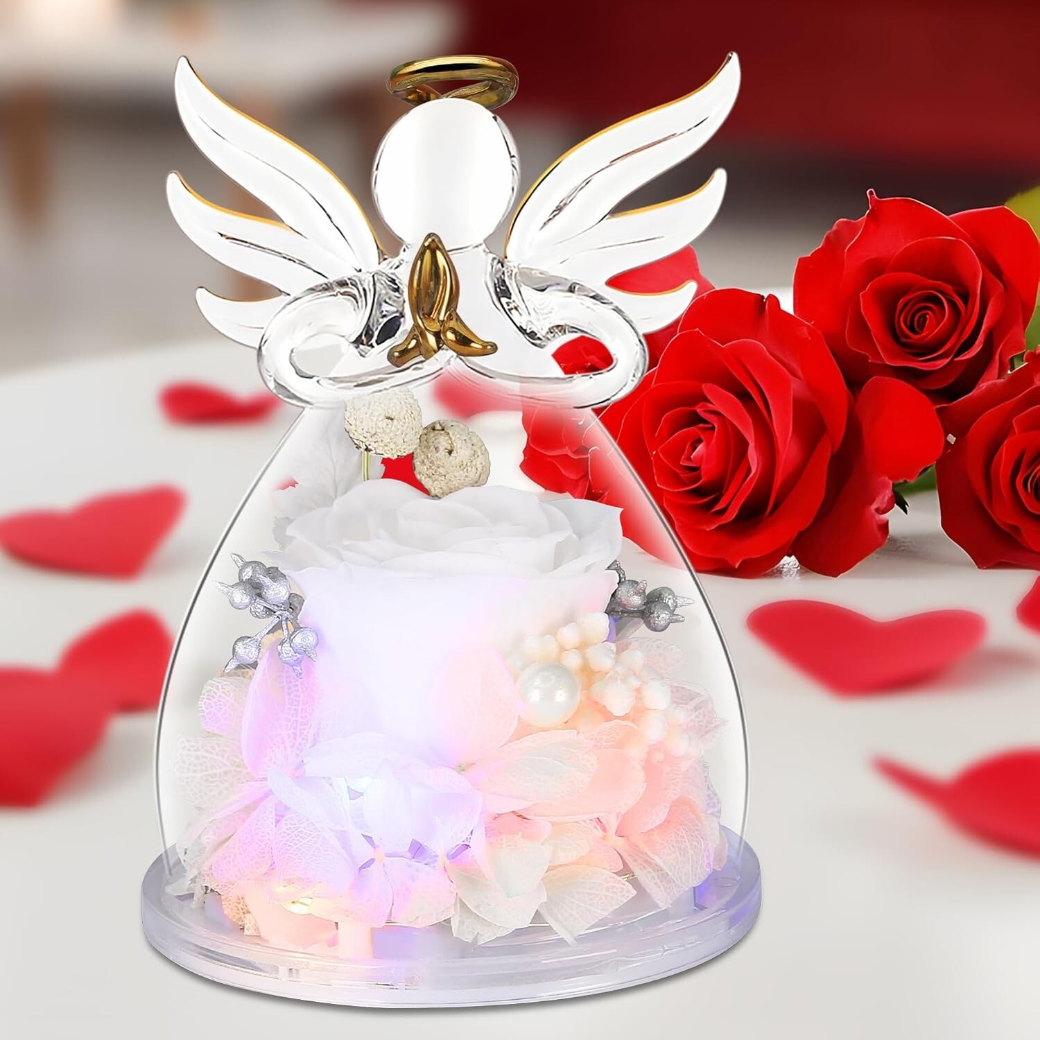 Sentimental Glass Angel Figurine with White Preserved Rose – Gift Box Included