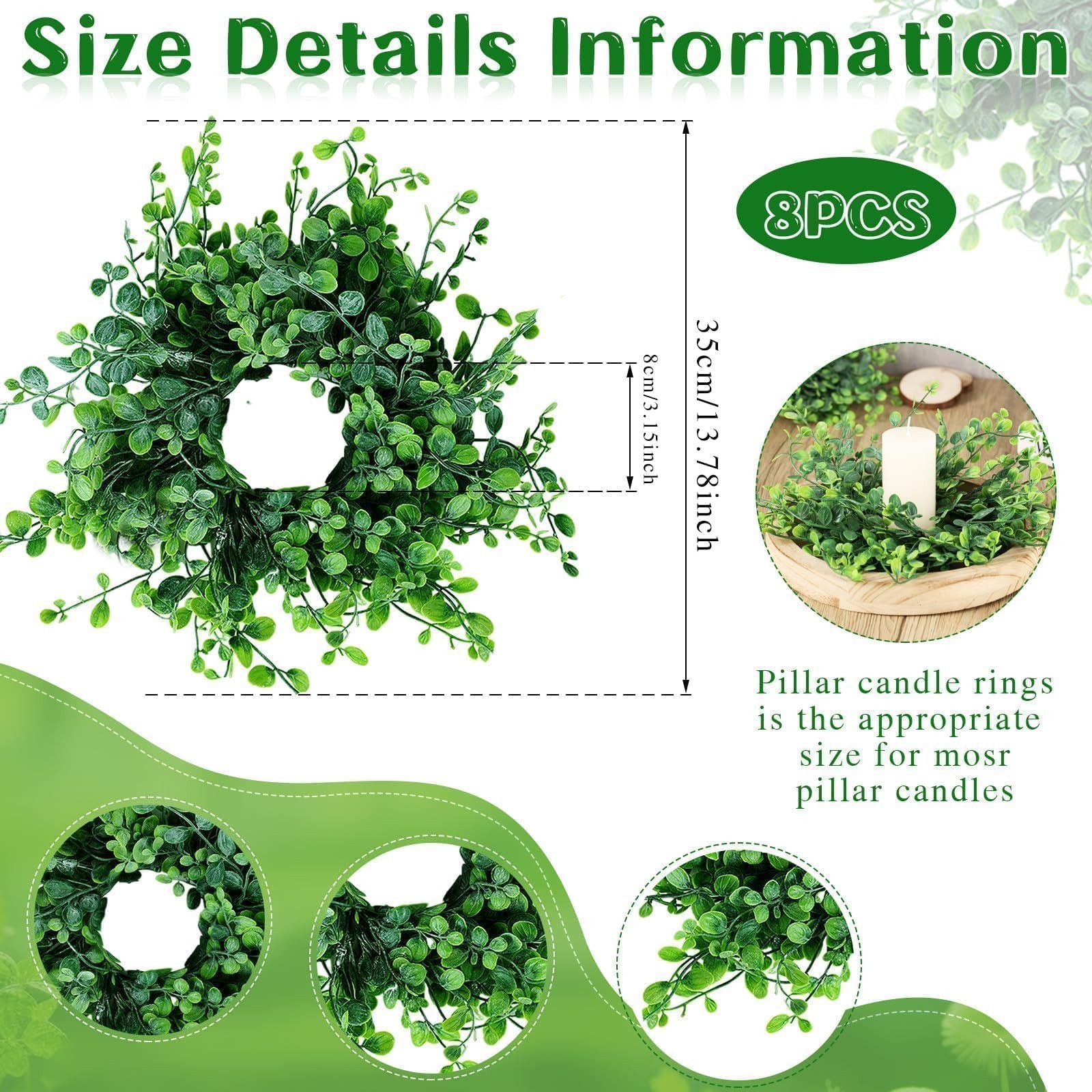 8 Pcs Mini Green Boxwood Candle Rings Wreaths Spring Summer Kitchen Cabinet Swag