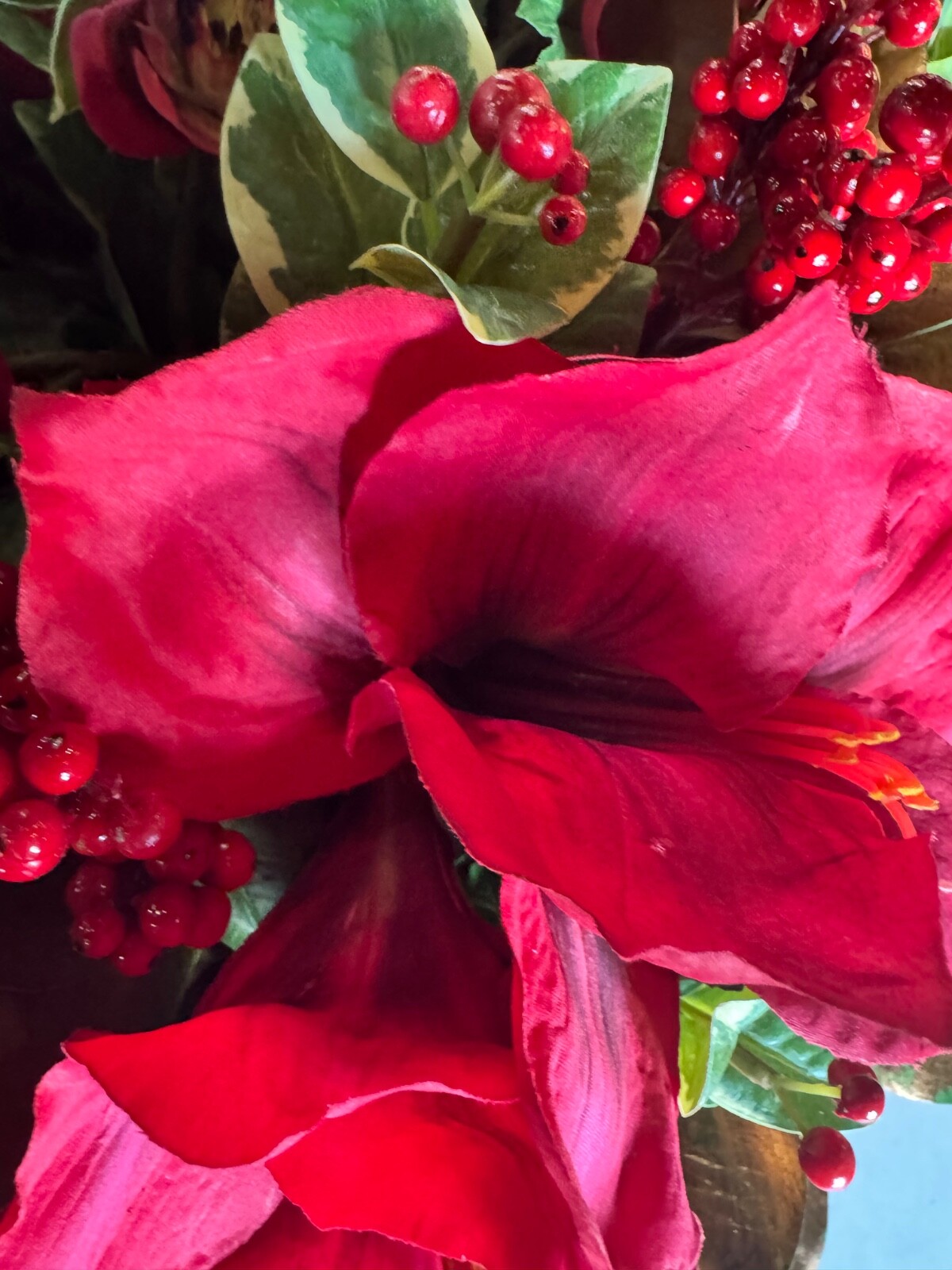 Faux Amaryllis Camellia Floral Arrangement in Planter-Winward Home