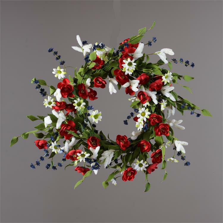 New Americana Patriotic Daisy Rose RED WHITE BLUE FLORAL Wreath 21″