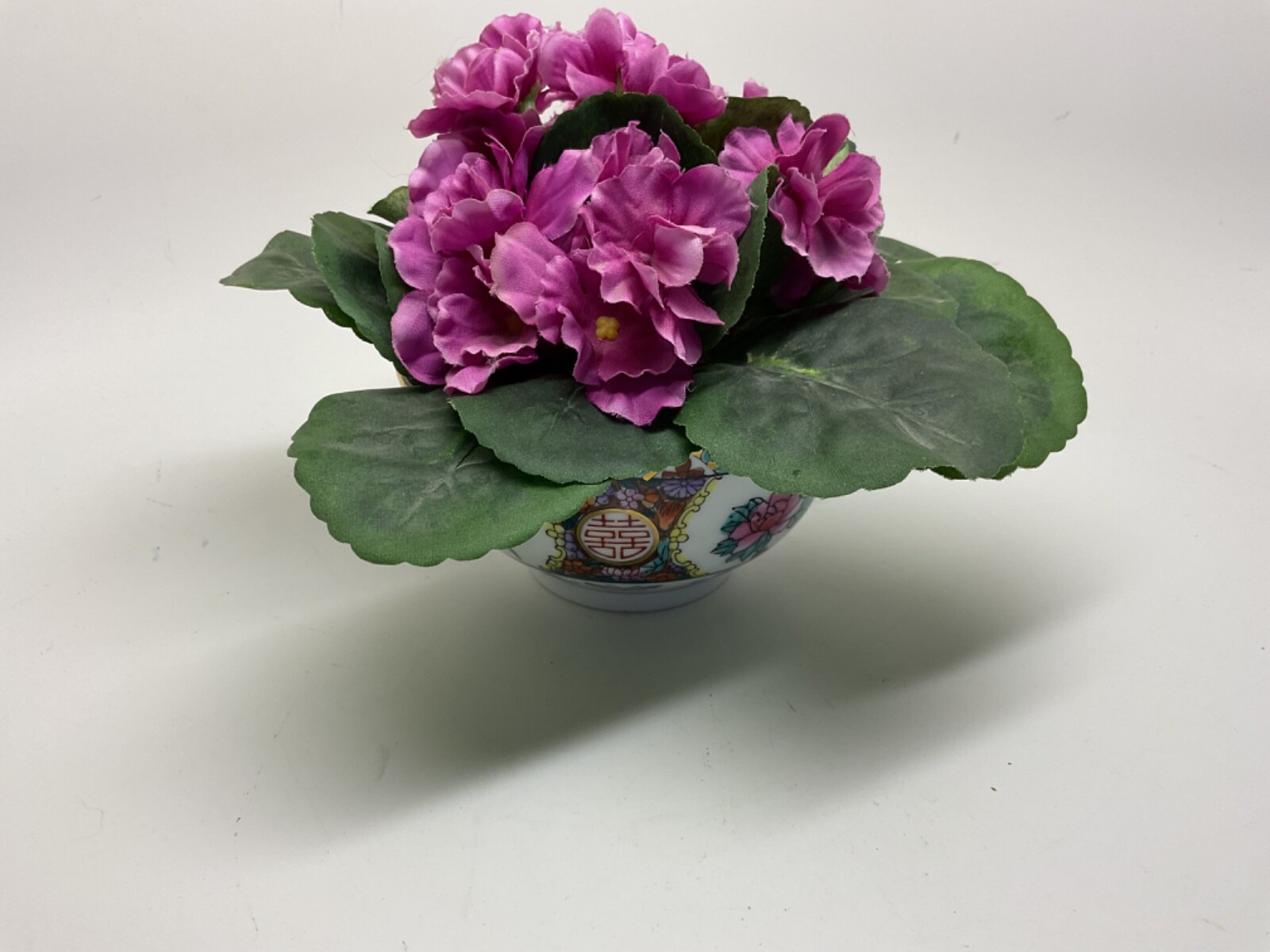 Silk Flower Arrangement in Hand Painted Chinese Porcelain Bowl
