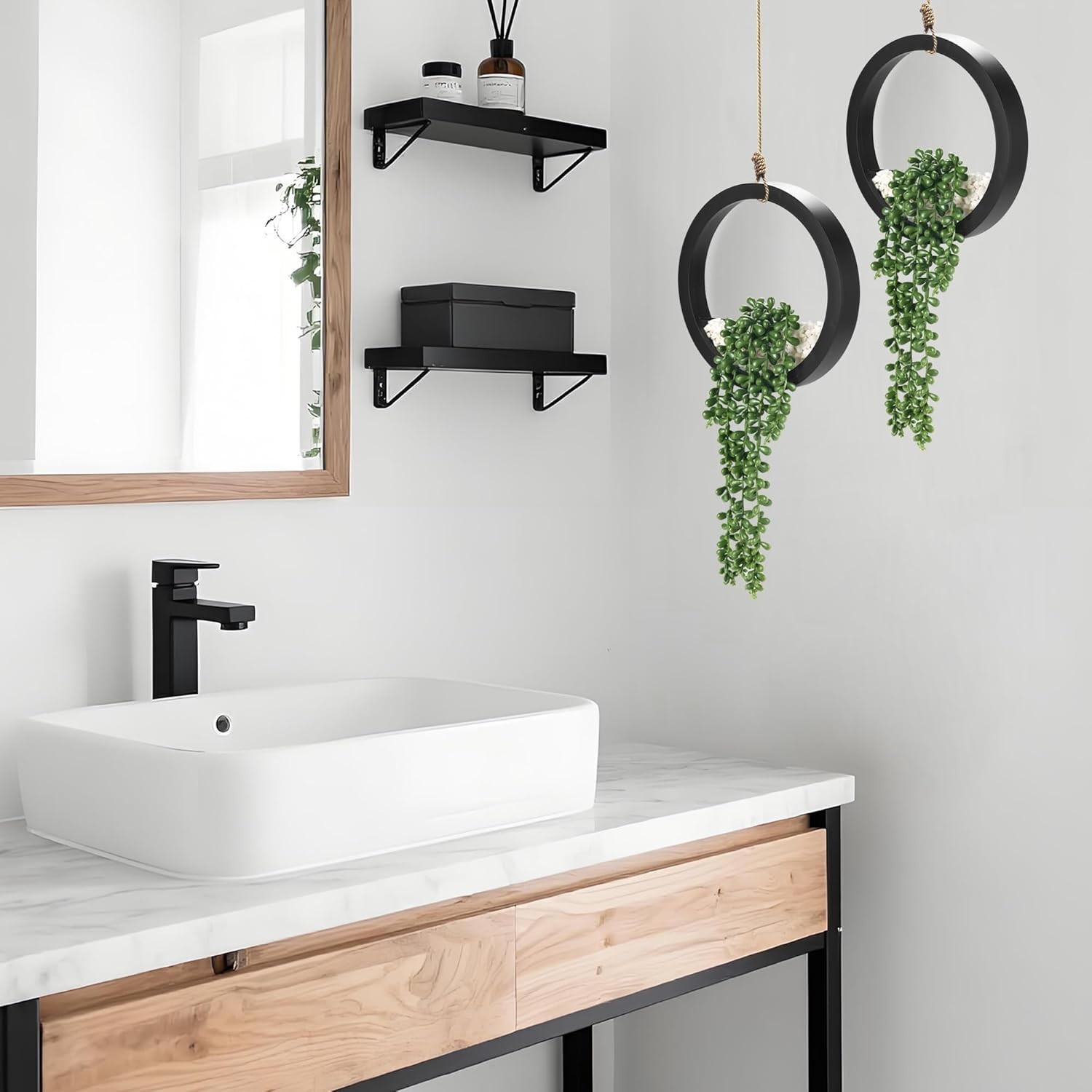 Charming 2 Pack Fake String of Pearls Plants in Stylish Black Pots – Home Decor