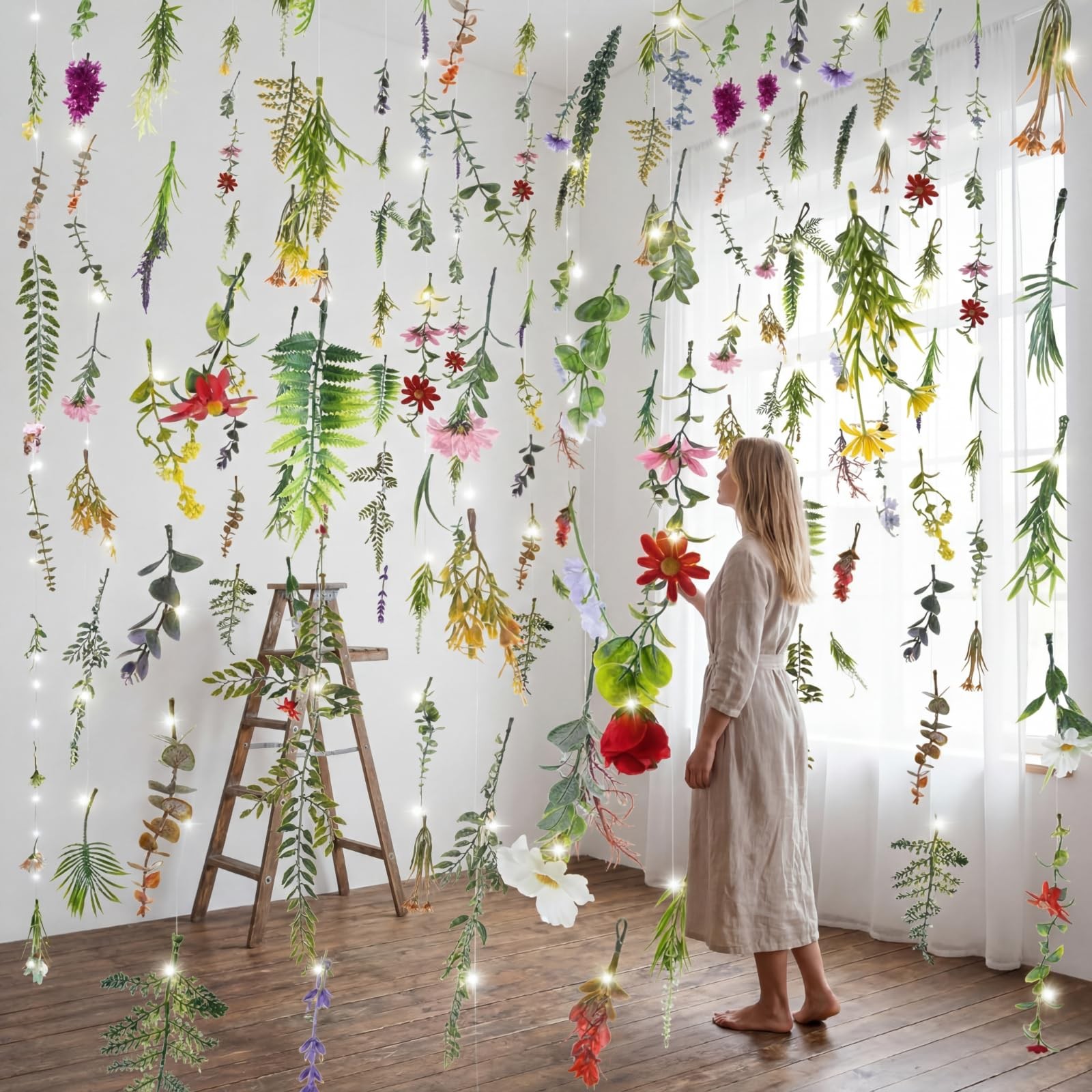 6 Pack 35.4ft Fake Flower Garland Backdrop with Lights Hanging Wildflower Flo…
