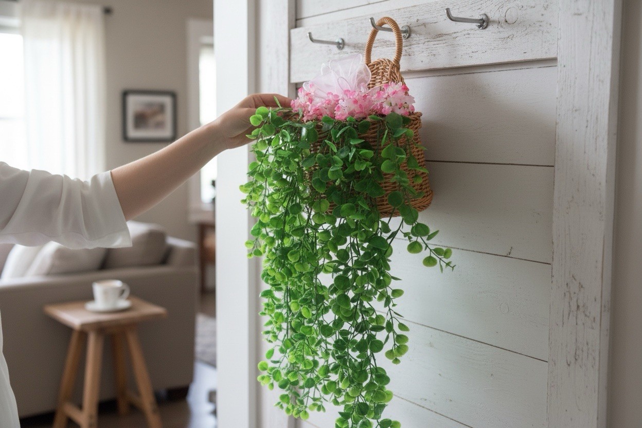 Artificial Ivy Hanging Arrangement with Green Pink Accents Wall Decor