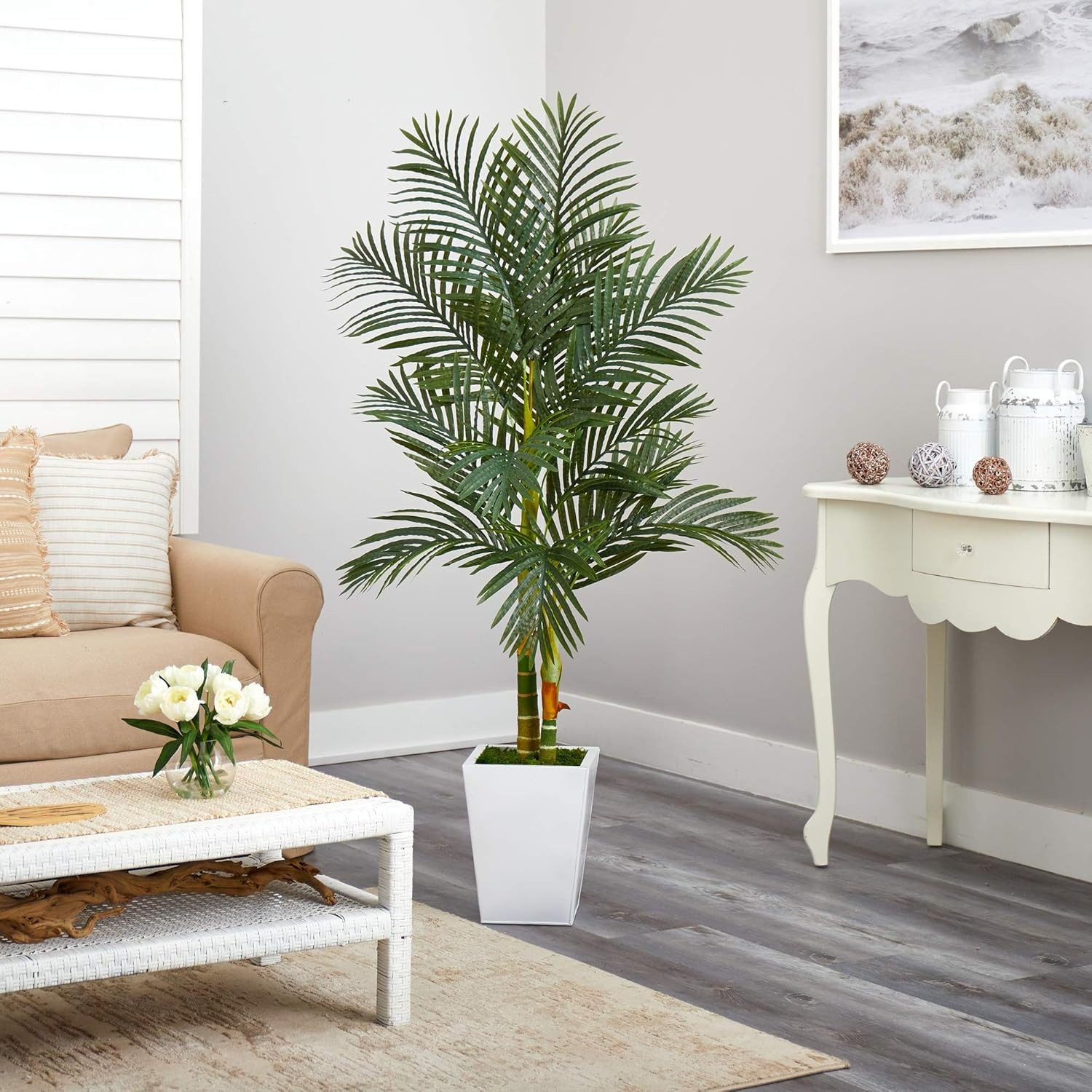 5.5Ft Golden Cane Artificial Palm Tree in Stylish White Metal Planter