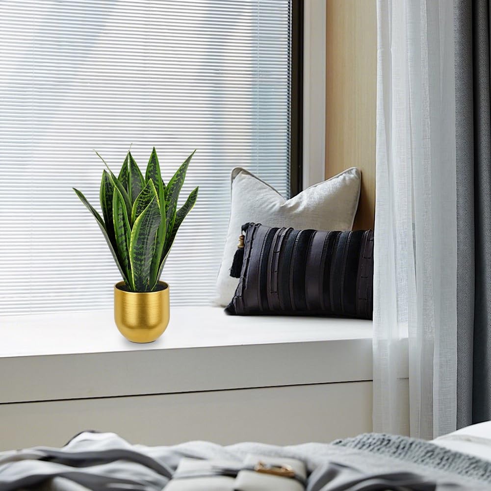 17 Inch Artificial Snake Plant In Gold Pot Faux Tropical Sansevieria Silk