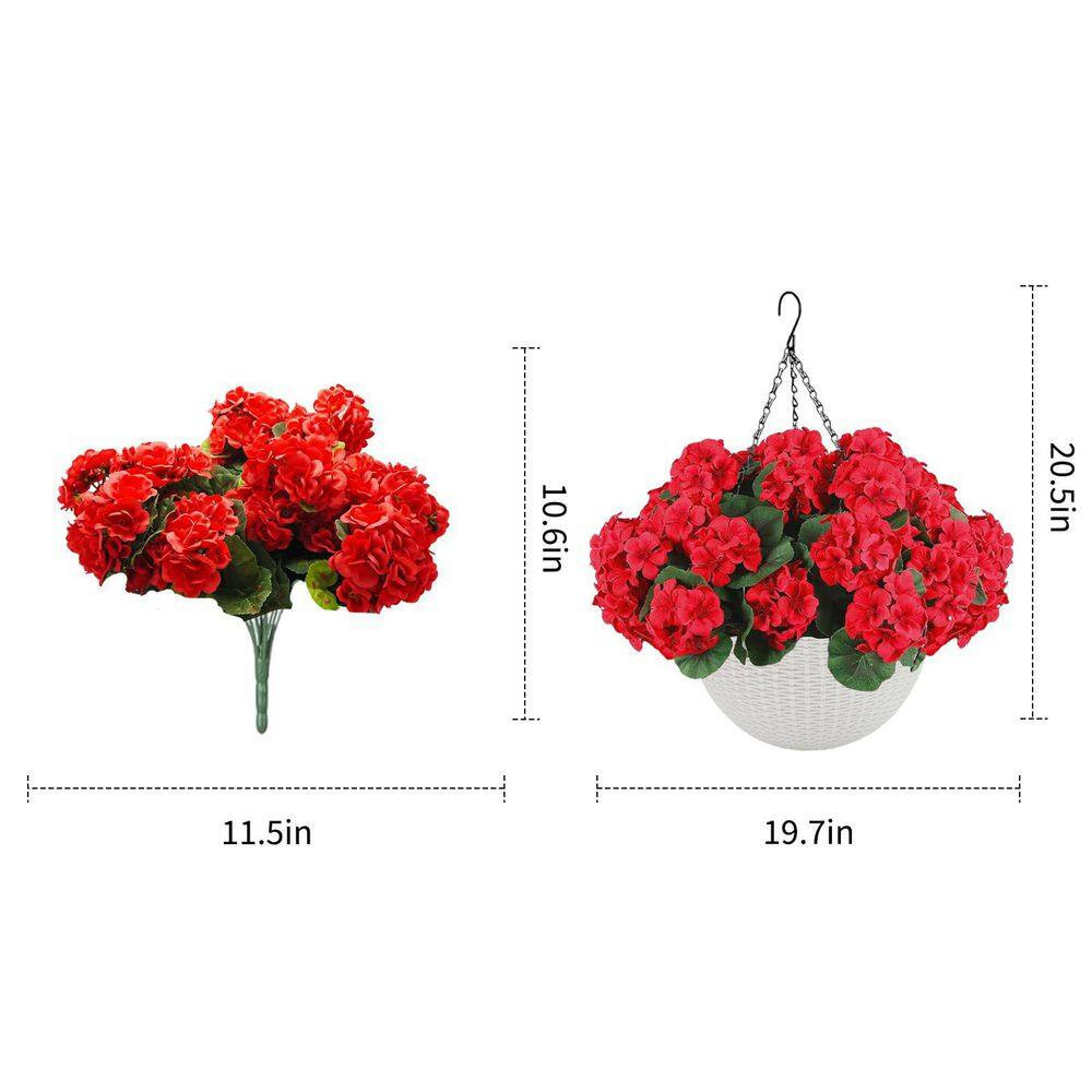 2-Set 10 In. Red Artificial Geranium Flowers W/ White Basket, Artificial Hanging