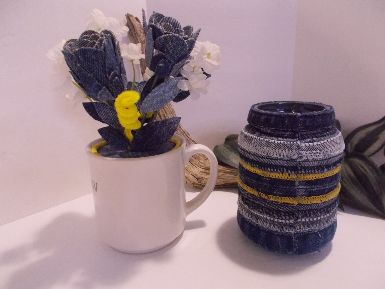 Southpaw Comics Coffee Mug w Handmade Denim Roses and Denim Seams Jar Vase