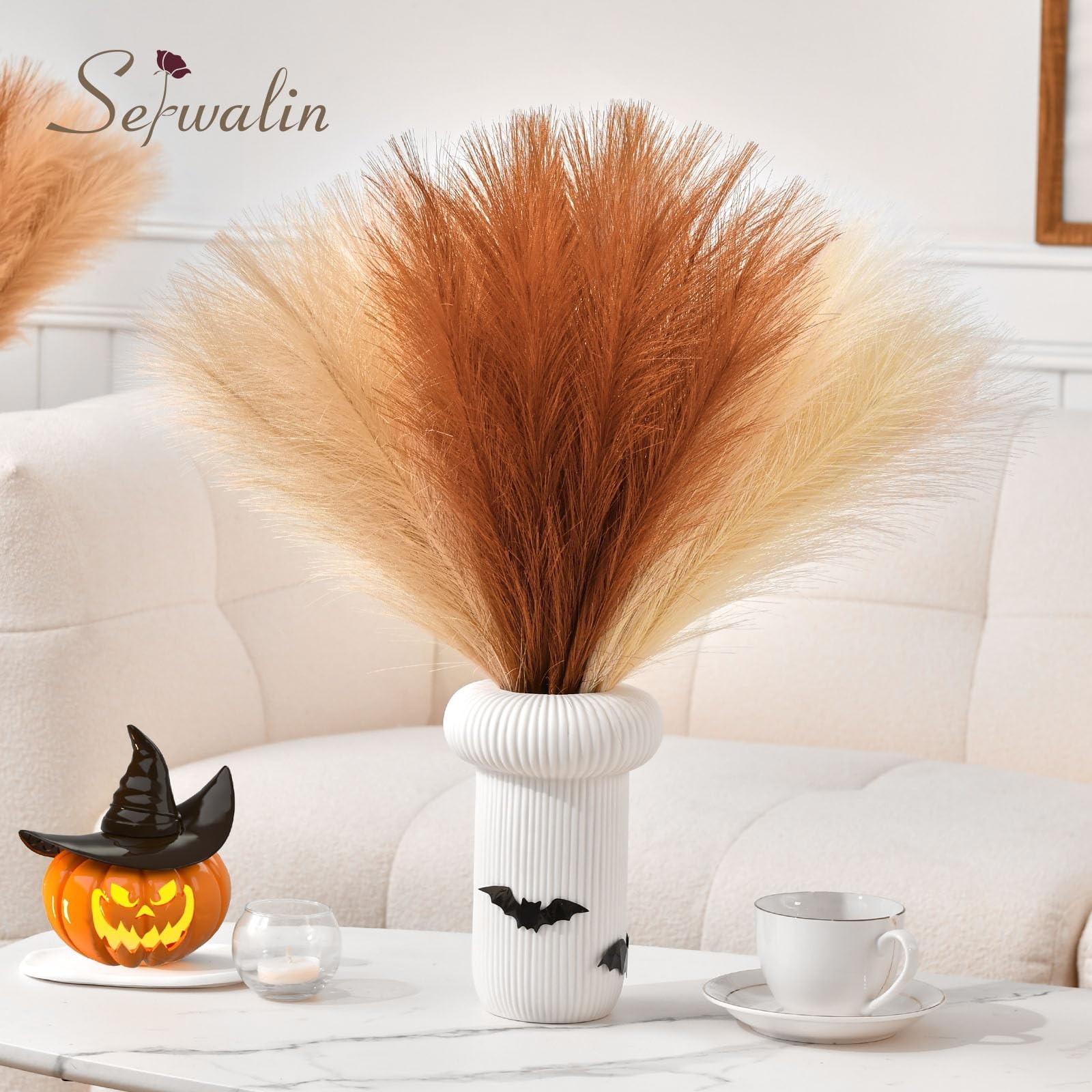 60 PCS Orange Pampas Grass Decor 17.7 Inch Fall Artificial Faux Vase Filler