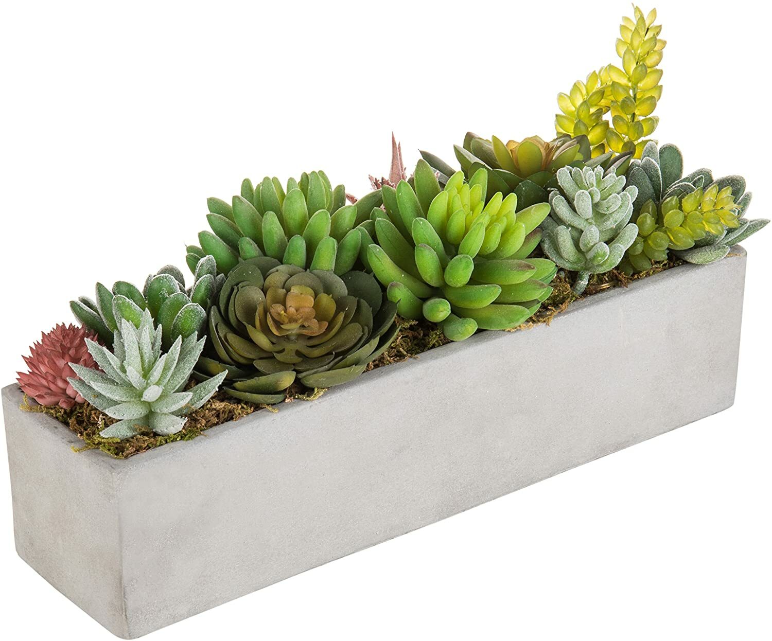 12-In Rectangular Gray Cement Pot w/ Miniature Faux Succulent Plant Arrangement