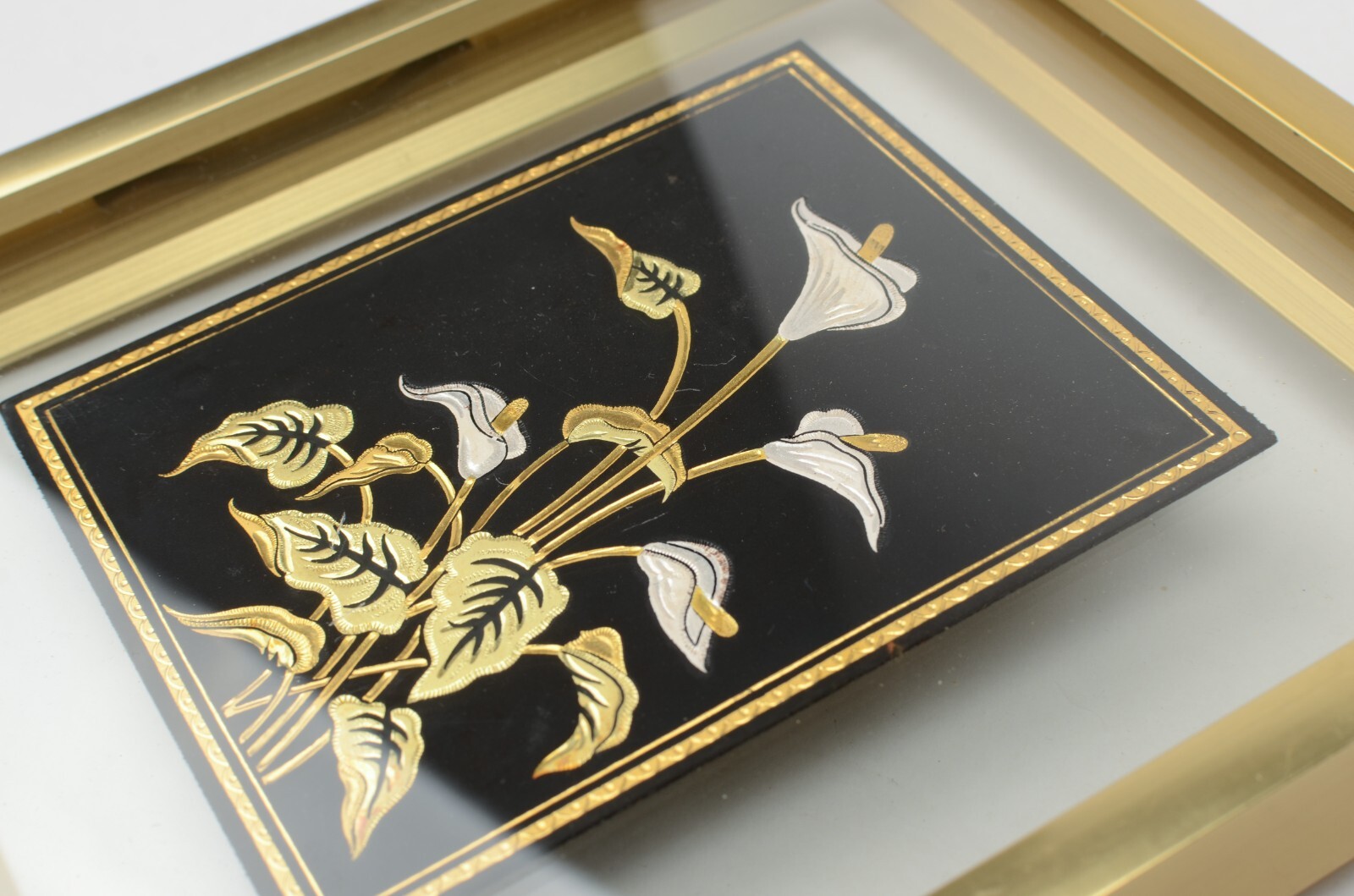 Damascene Floral Calla Lily Decoration 24K Gold Toledo Spain Framed 3.25 x 4 in