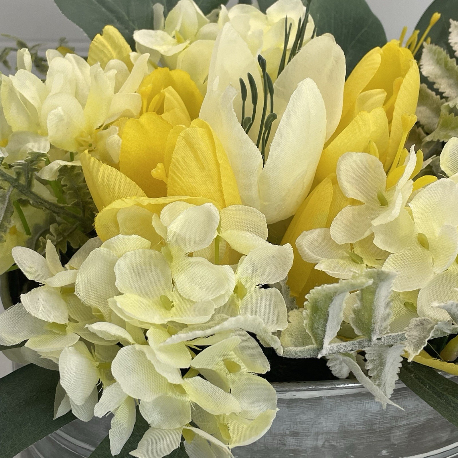 Artificial Floral Basket Arrangement Centerpiece Yellow Flowers in Metal Planter