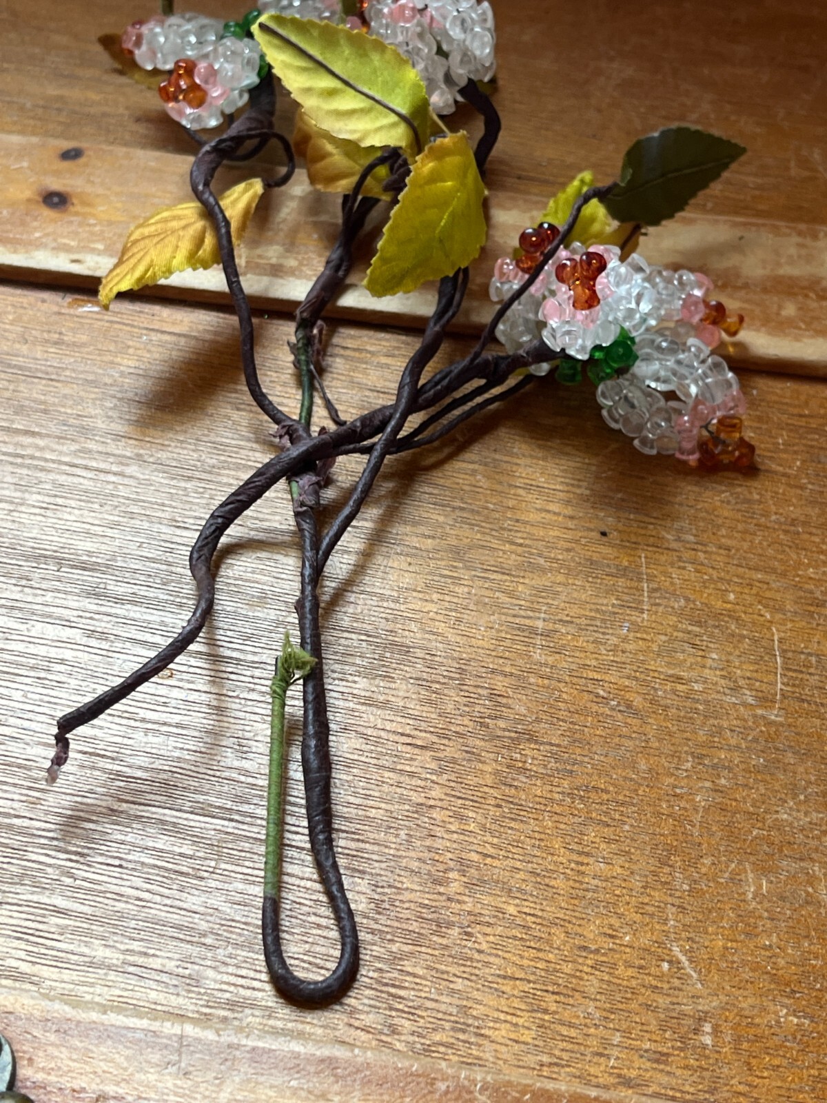Hand Made Clear Pink & Orange Plastic Flowers w Green Silk Leaves –