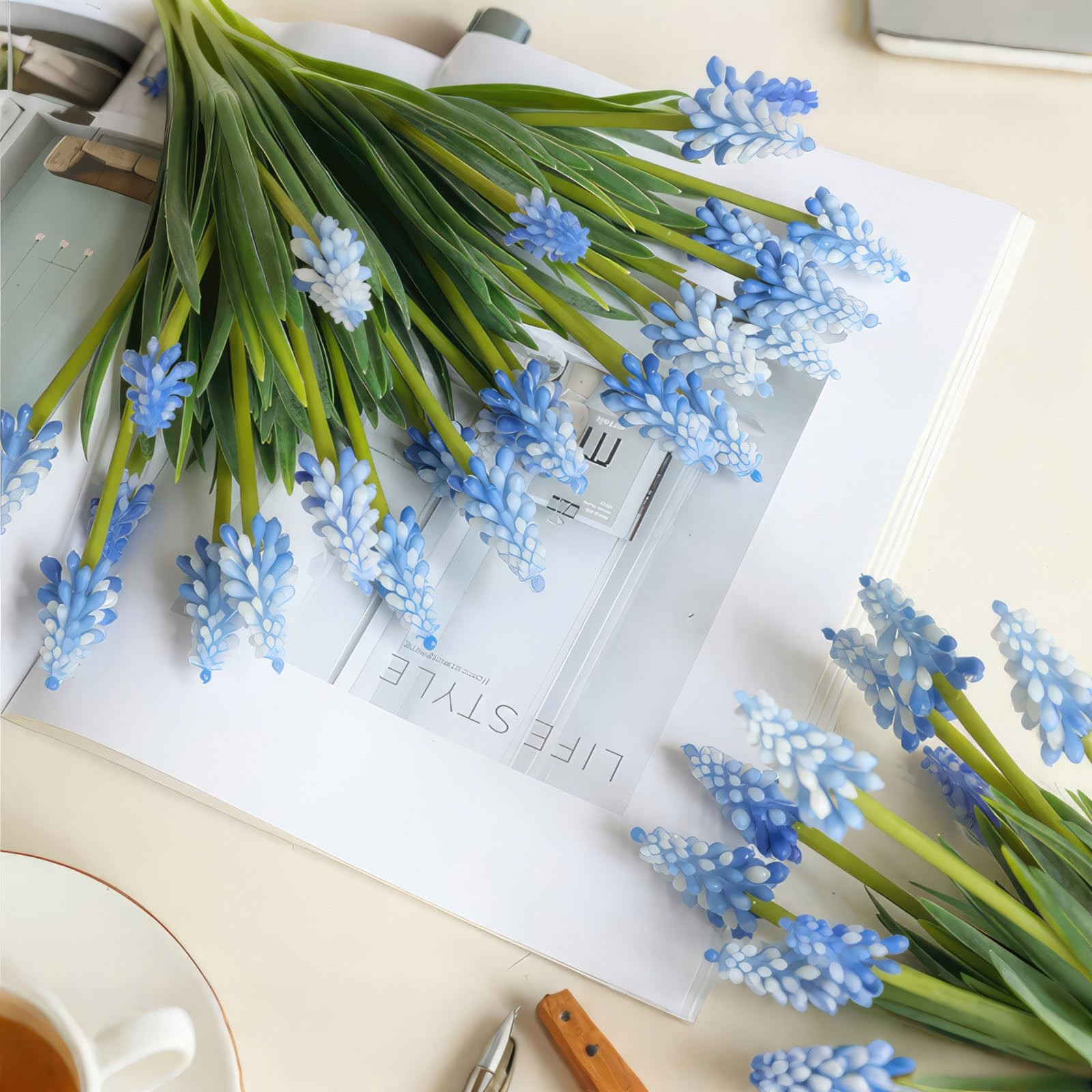 Blue Artificial Grape Hyacinth Faux Flowers Wedding Vase Decor 18 PCS