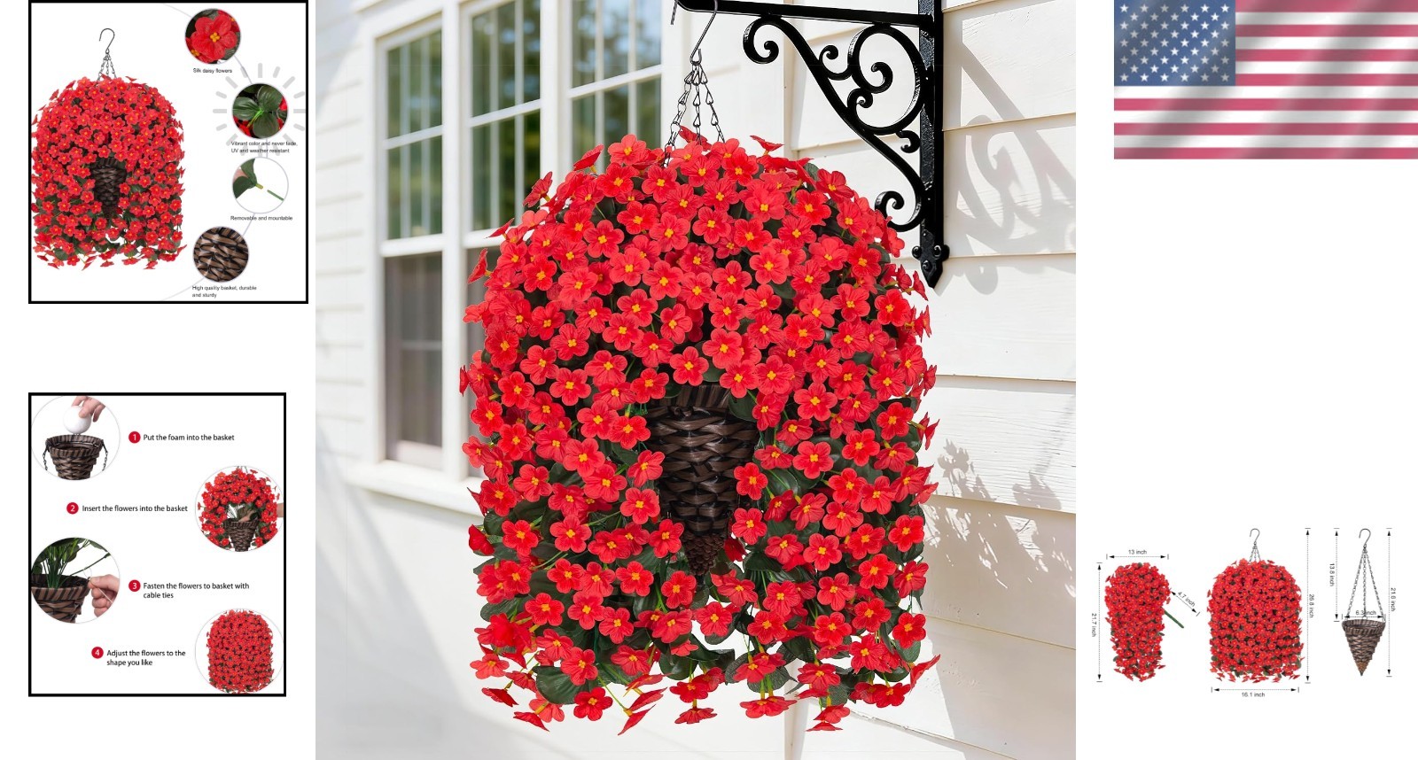 Vibrant UV Resistant Red Daisy Hanging Flowers in Stylish Basket – 11″ Tall