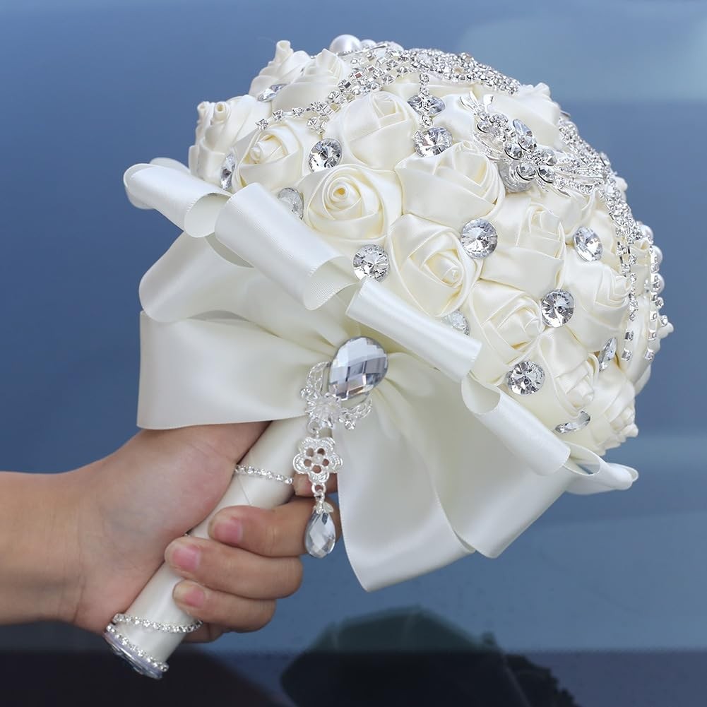 Ivory Wedding Bridal Bouquet Bling Rhinestones Brooch Satin Rose 7.1 Inch