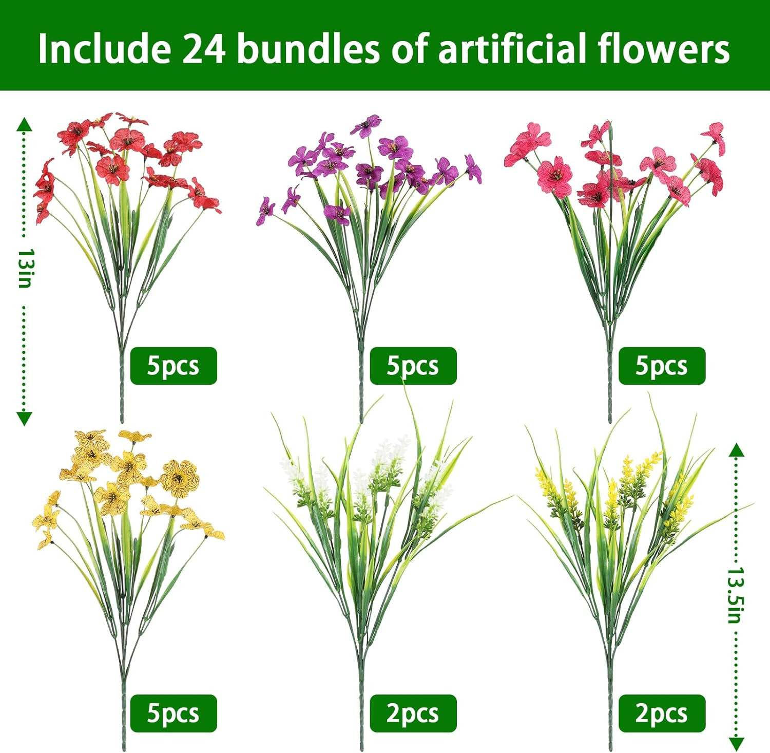 24 Bundles Realistic Fake Flowers for Outdoors, No Fade Faux Silk Flowers & Arti