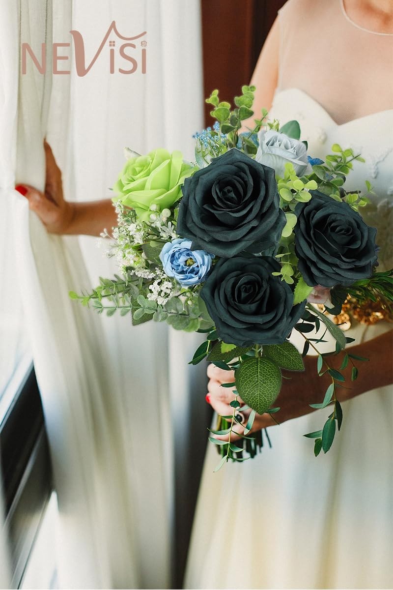 12 Emerald Green Artificial Silk Roses – Realistic Fake Flowers for DIY Wedding