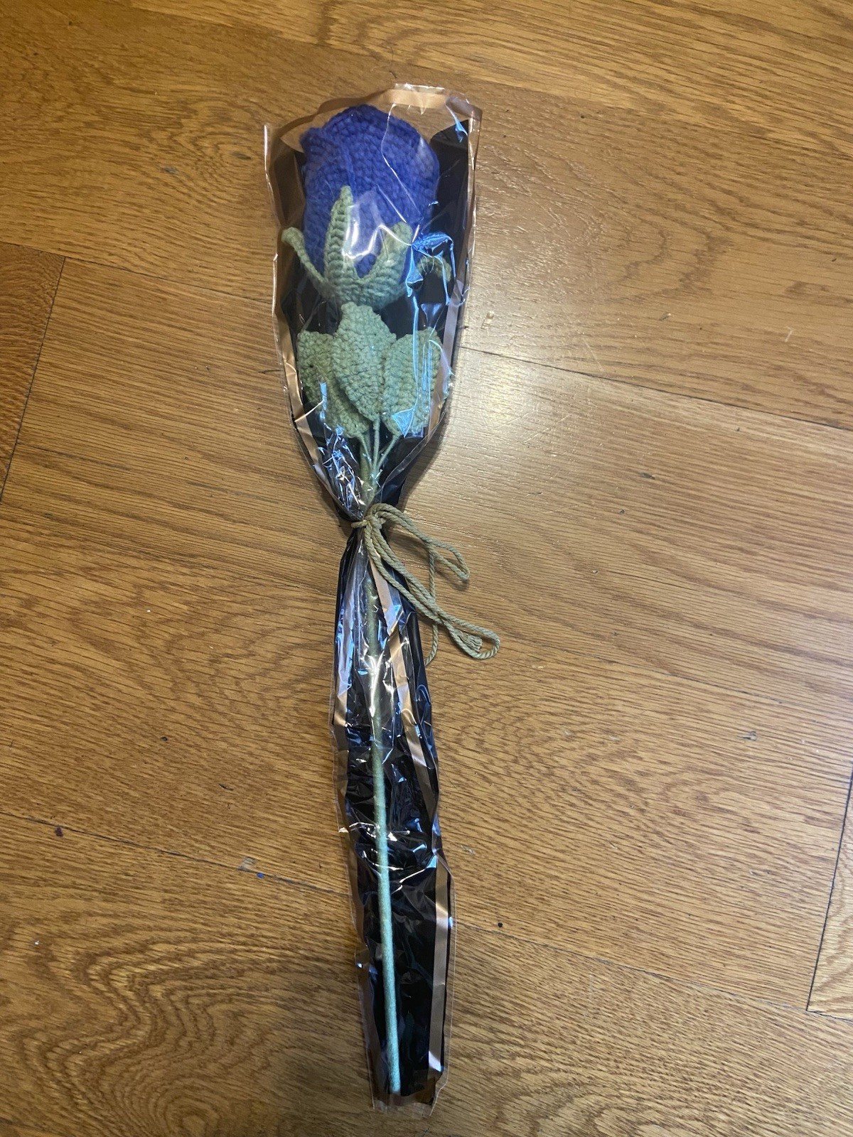 Handmade Crochet Single Rose Blue with Green Leaves and Stem 10″