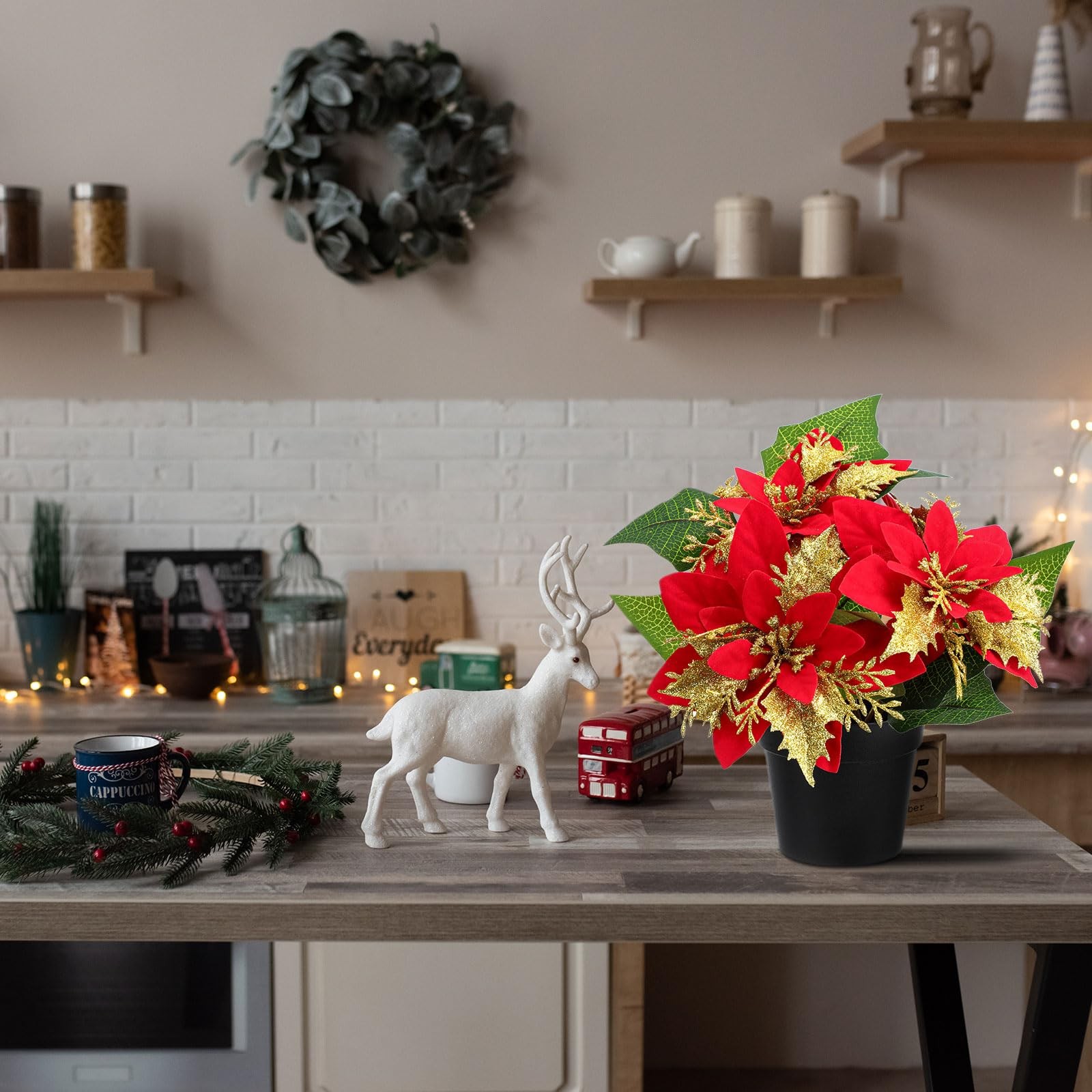 4 Pack Mini Artificial Poinsettias Pots 9 Inch Faux Red Glitter Plants Decor