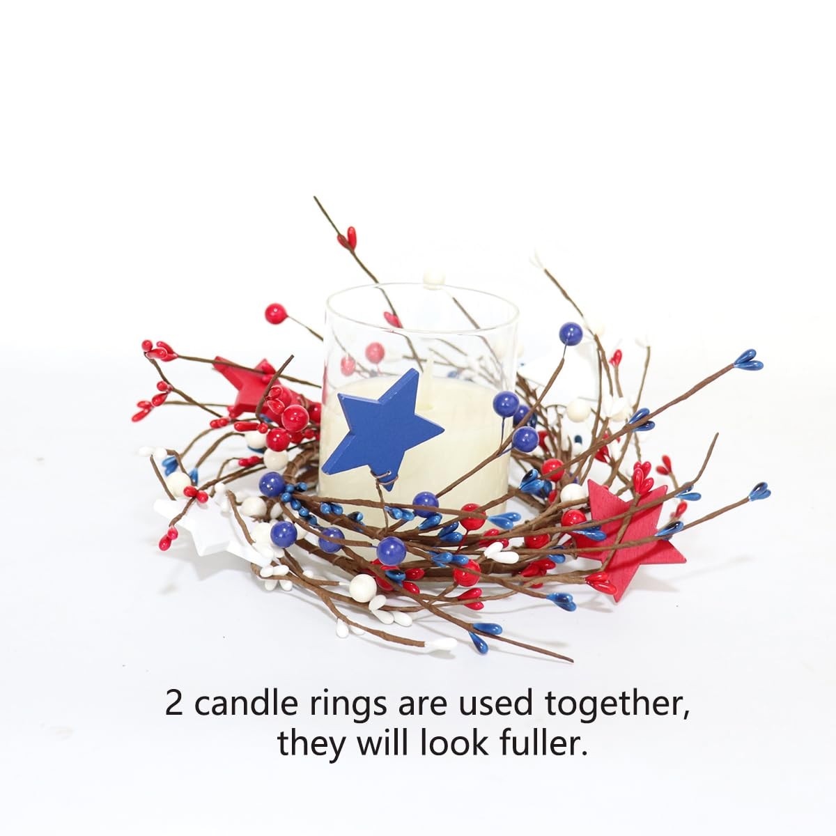 4Pcs Red White Blue Star Pip Berry Candle Ring Wreath 4 Inch Center Patriotic