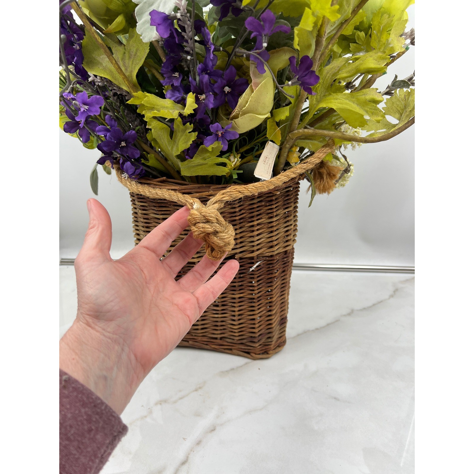 Artificial Lime Green Ranunculus & Purple Floral Arrangement in Wicker Basket