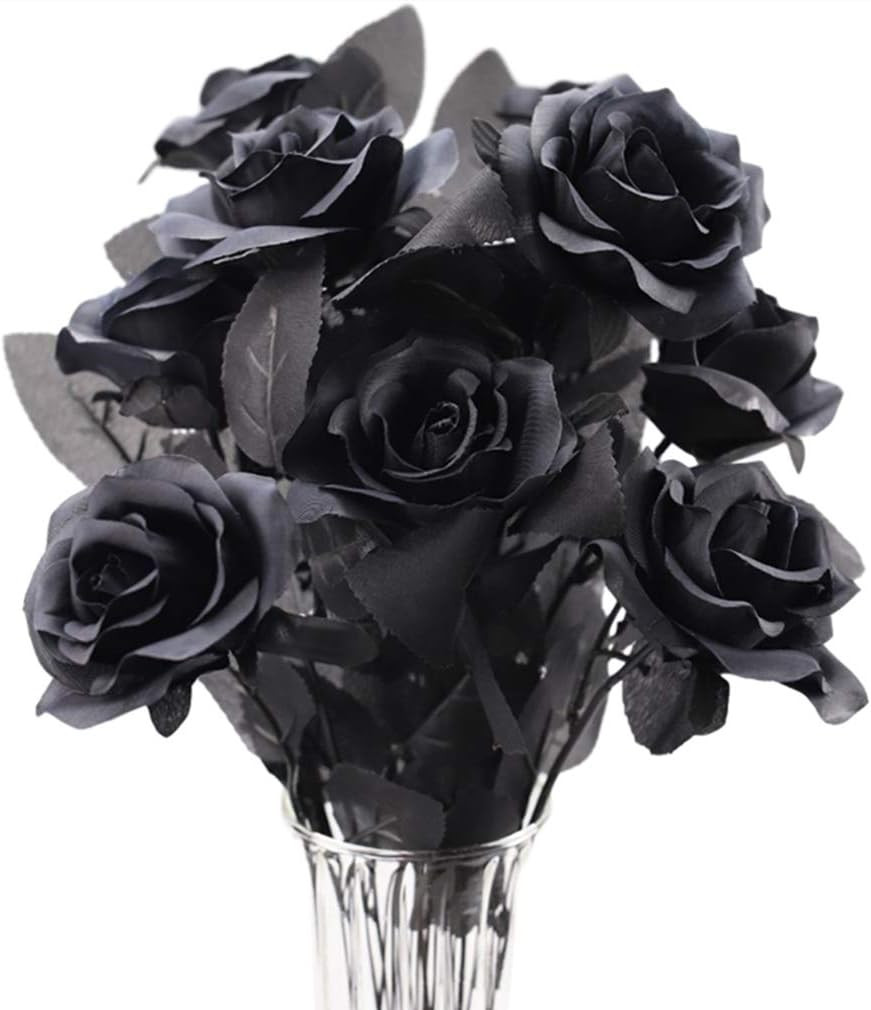 10Pcs Black Roses Artificial Flowers, All Black Faux Fake Silk Rose Black Flower