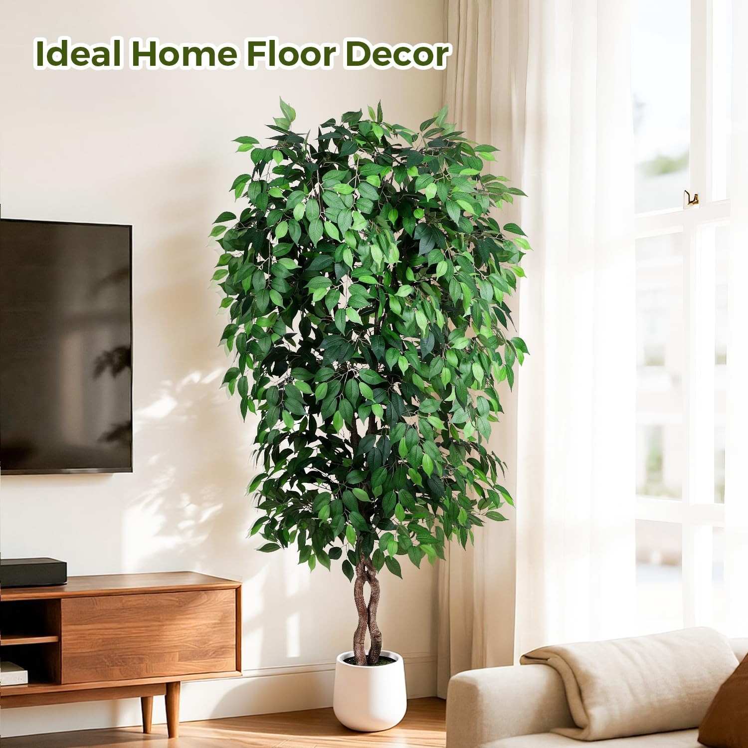 Jocoevol 7FT Artificial Ficus Tree, Tall Faux Trees Indoor White Planter, Dried