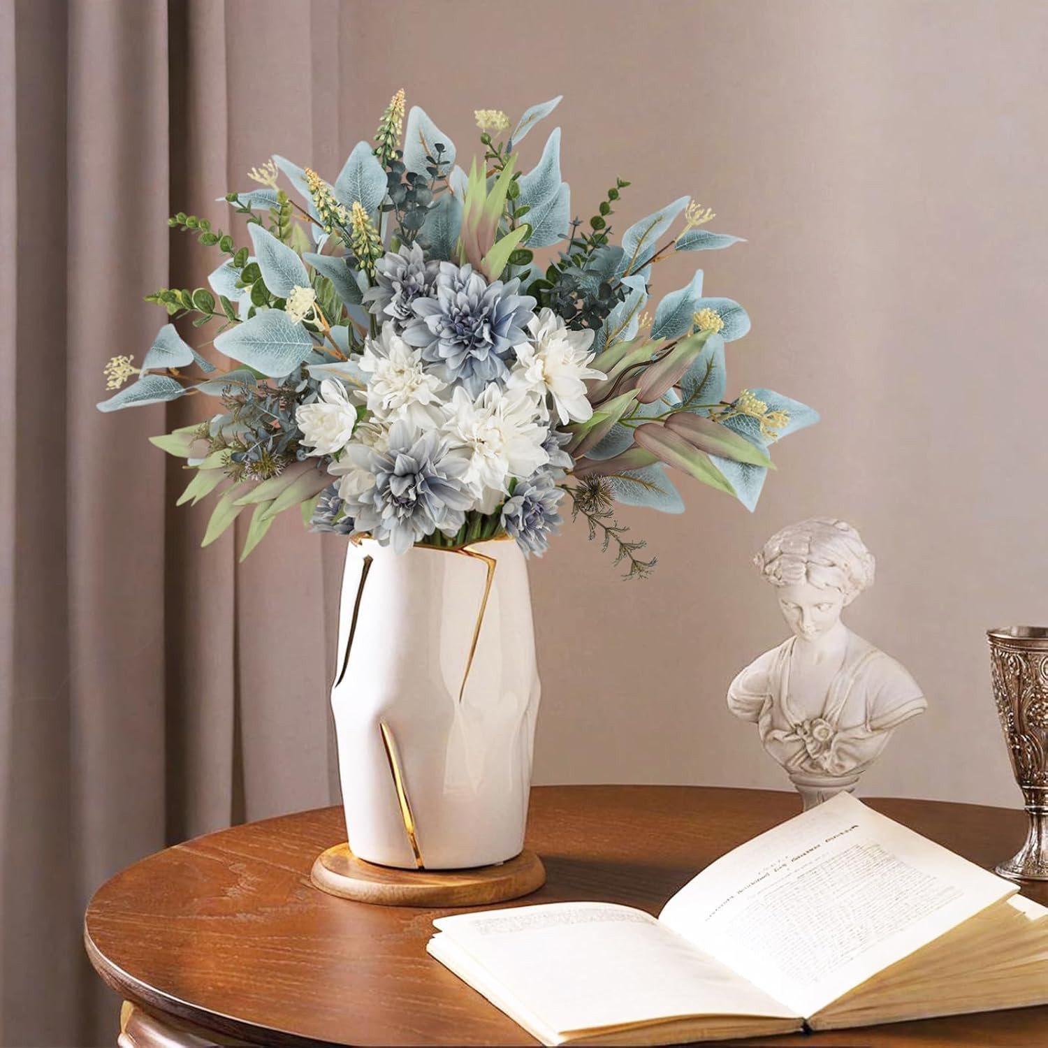 2 Pcs Blue White Faux Flower Bouquet for Home Decor & Wedding Centerpieces