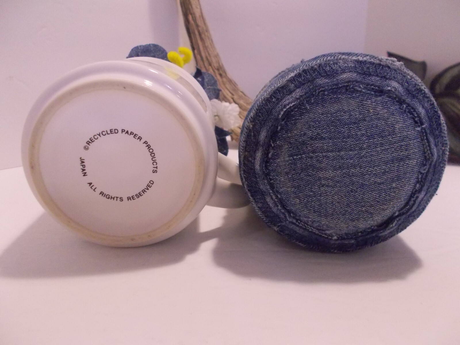 Southpaw Comics Coffee Mug w Handmade Denim Roses and Denim Seams Jar Vase