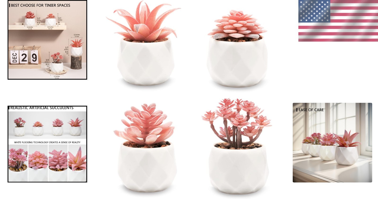 Set of 4 Rose Pink Mini Faux Succulents in White Ceramic Pots for Home Decor