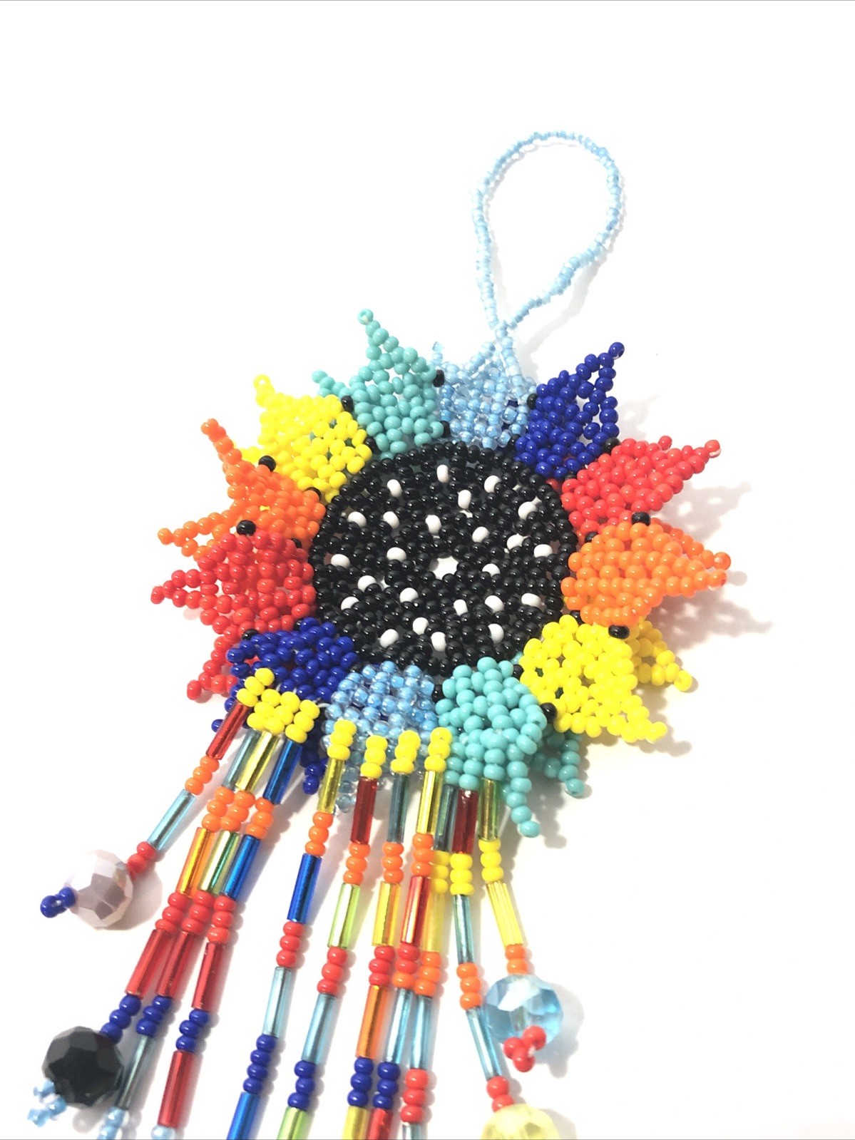 Hand Made Beaded Colorful Mexican Sunflower 5” Seed Bead Dangle Charm Ornament.