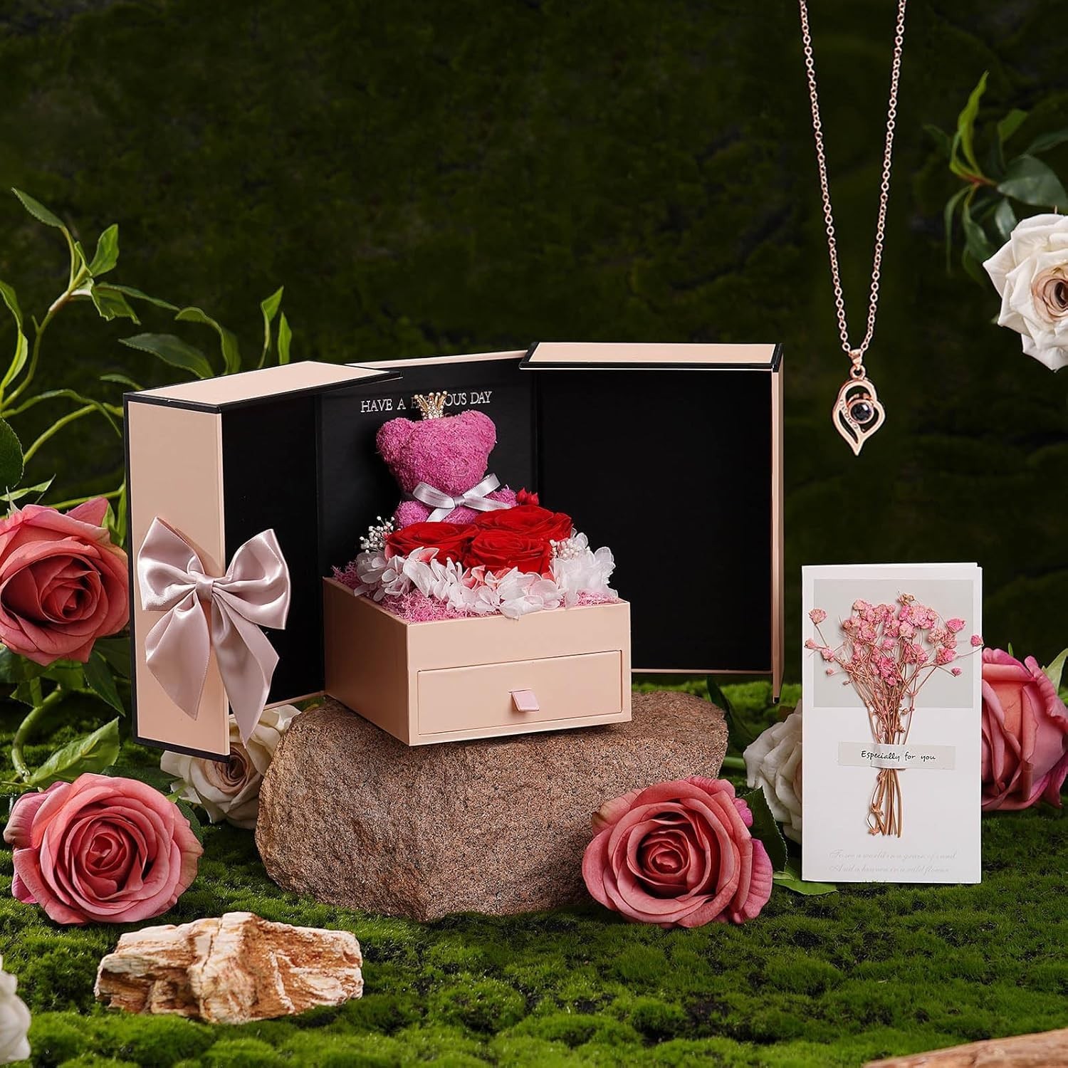 Eternal Preserved Rose Gift with I Love You Necklace – Timeless Elegance for Her